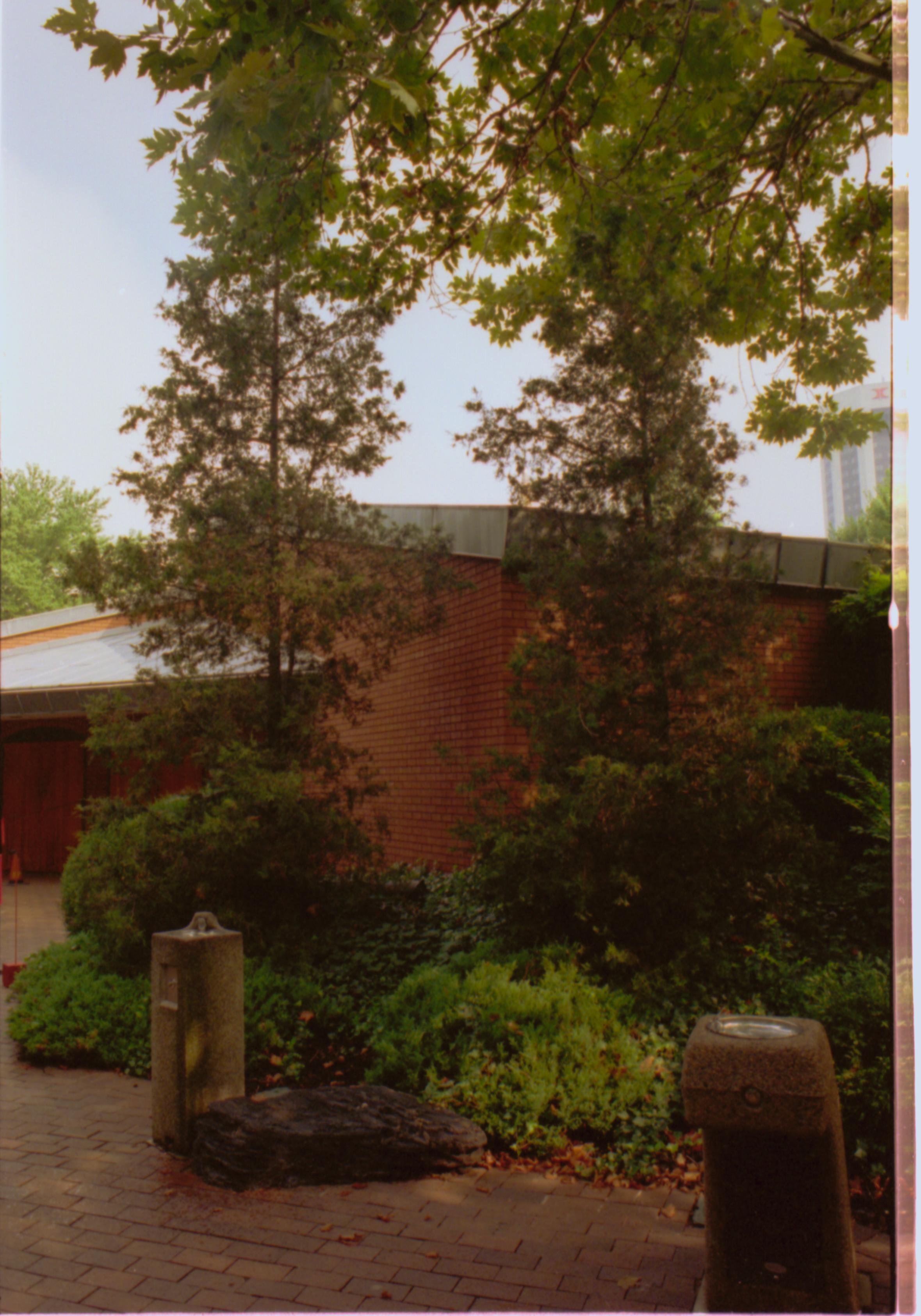 Plantings on south east side of Visitor Center, with water fountains in foreground. Photographer facing north.