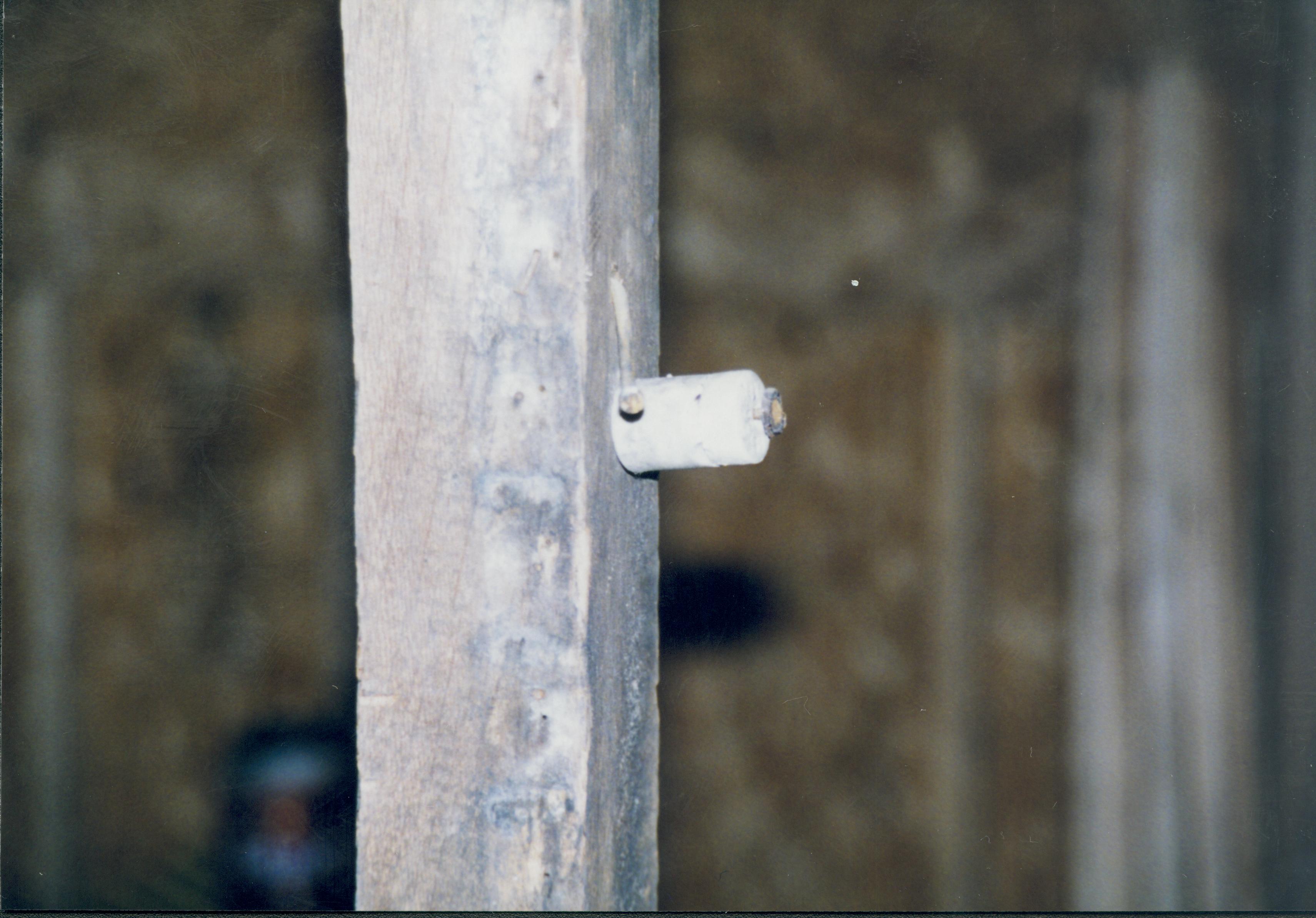 Sprigg House, Detail of electrical system on a piece of original timber in room 108.1; construction in process Lincoln Home NHS- Sprigg House, Roll N1 exp 18 Sprigg House, restoration, construction