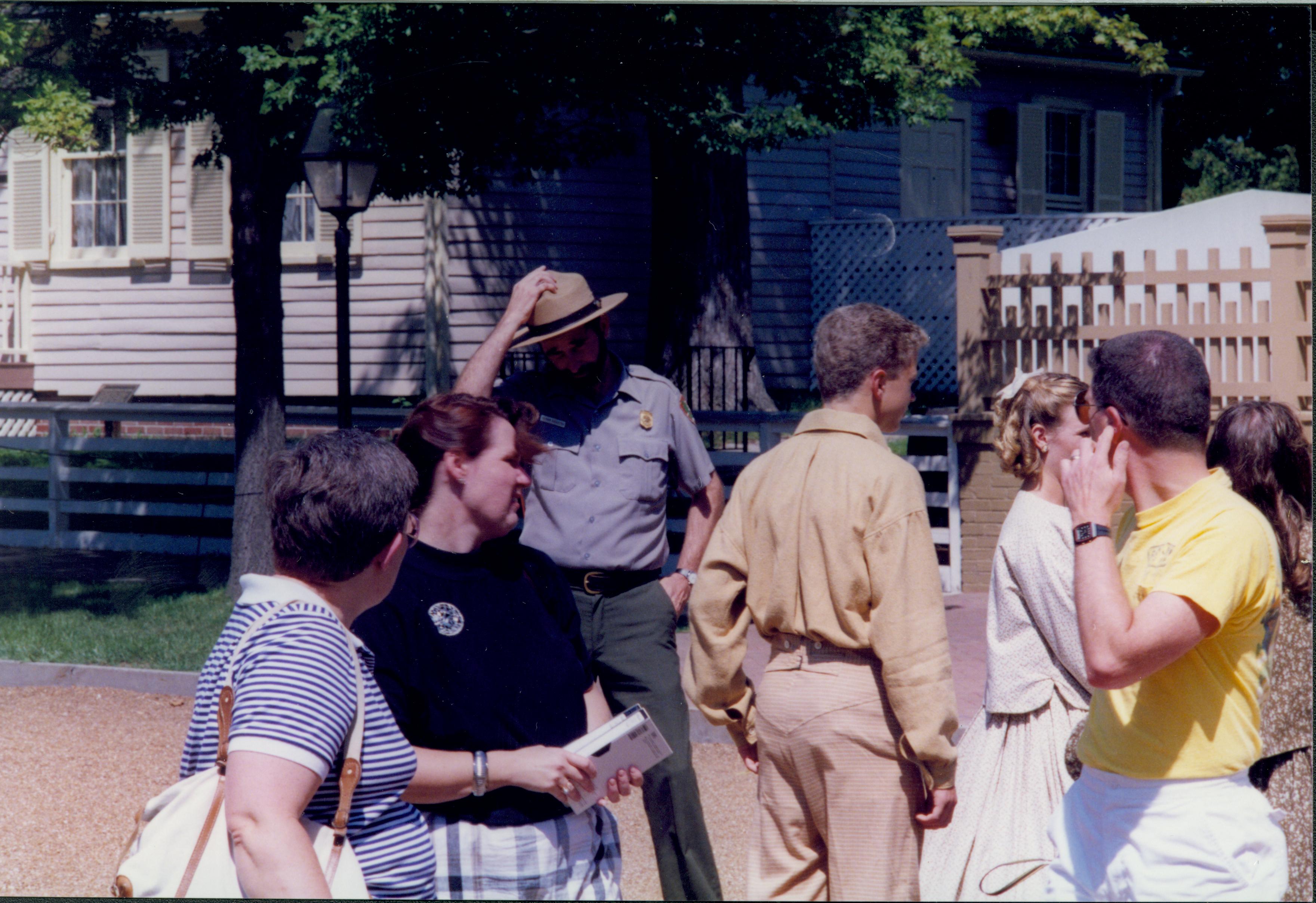 Greg Forbes, Jennie McClain , Rebecca Mdale, Ranger Rich Eggleston, Greg Forbes with students preparations for slide show project Looking Northeast in front of Lincoln Home, near Corneau House staff, students, Corneau, Lincoln Home