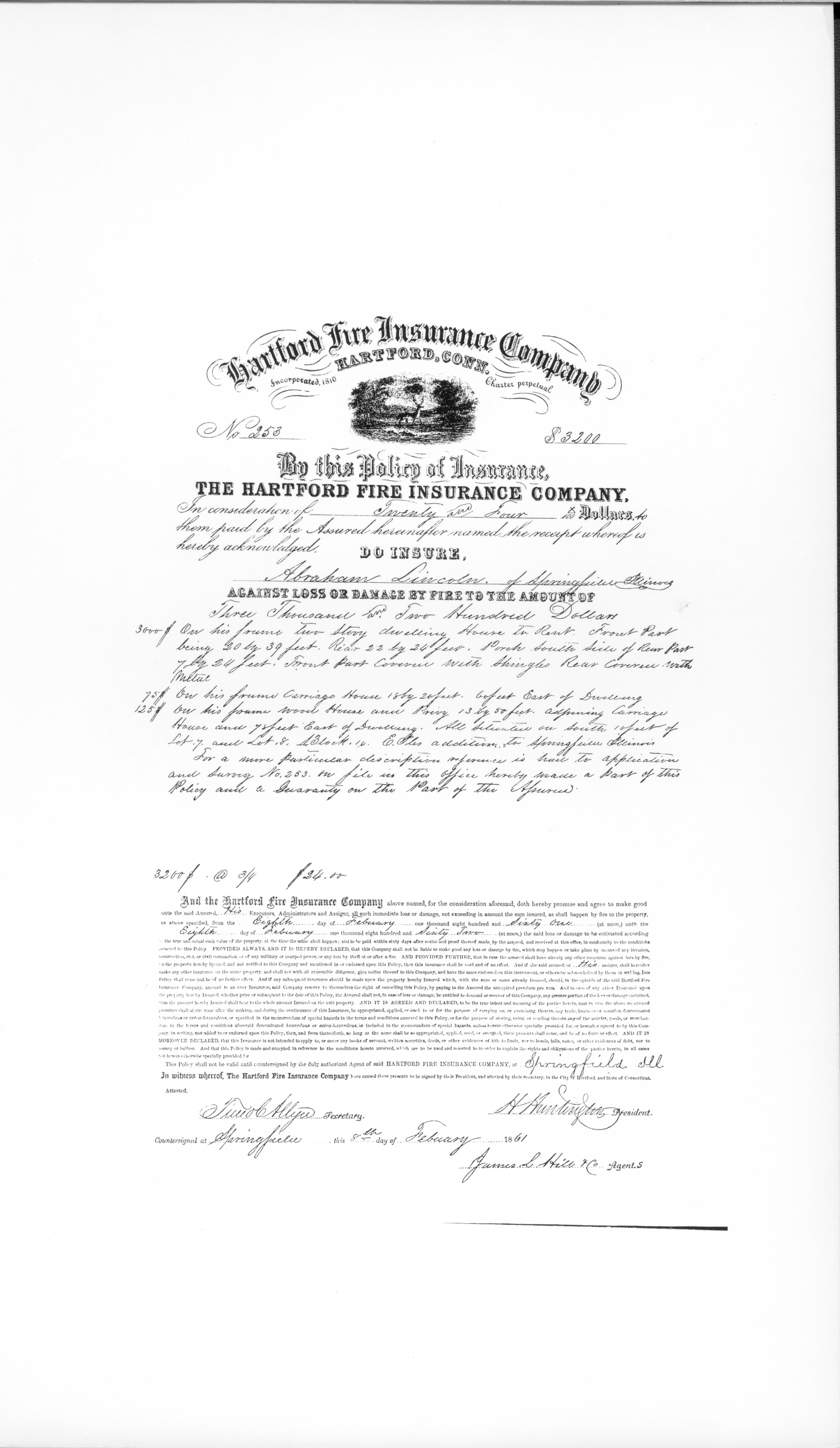 Scan of Hartford Fire Insurance Company document taken out on Lincoln's house and outbuildings on Feb. 8, 1861 Original document owned by Hartford Fire Insurance Company Lincoln Home, insurance, scan