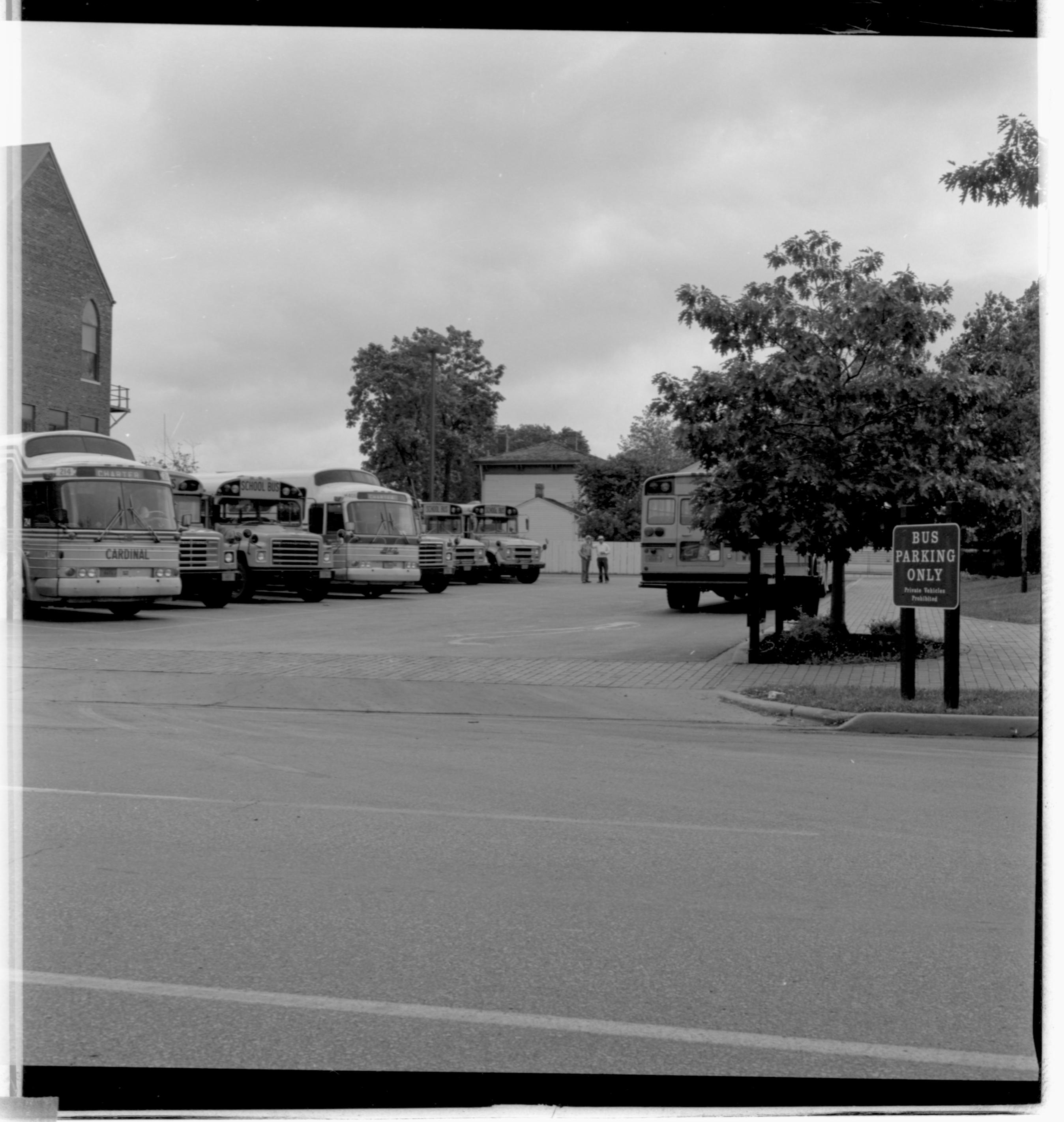 Parking lots - Bus lot, Grace Lutheran Church on left, Beedle House in background looking East Bus, Parking Lot, Grace Lutheran Church, Beedle