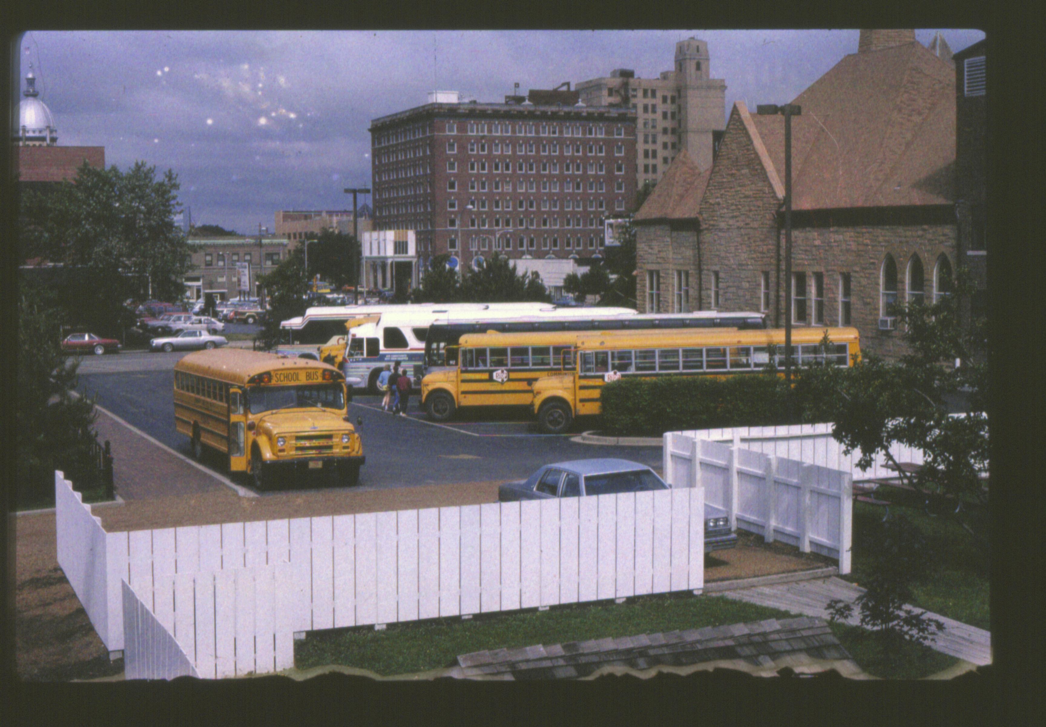 Parking lots - bus lot,Grace Lutheran Church on right, former Leland Hotel in background, Capitol Dome on left looking Northwest Bus, parking, Grace Lutheran Church, Capitol, Leland Hotel