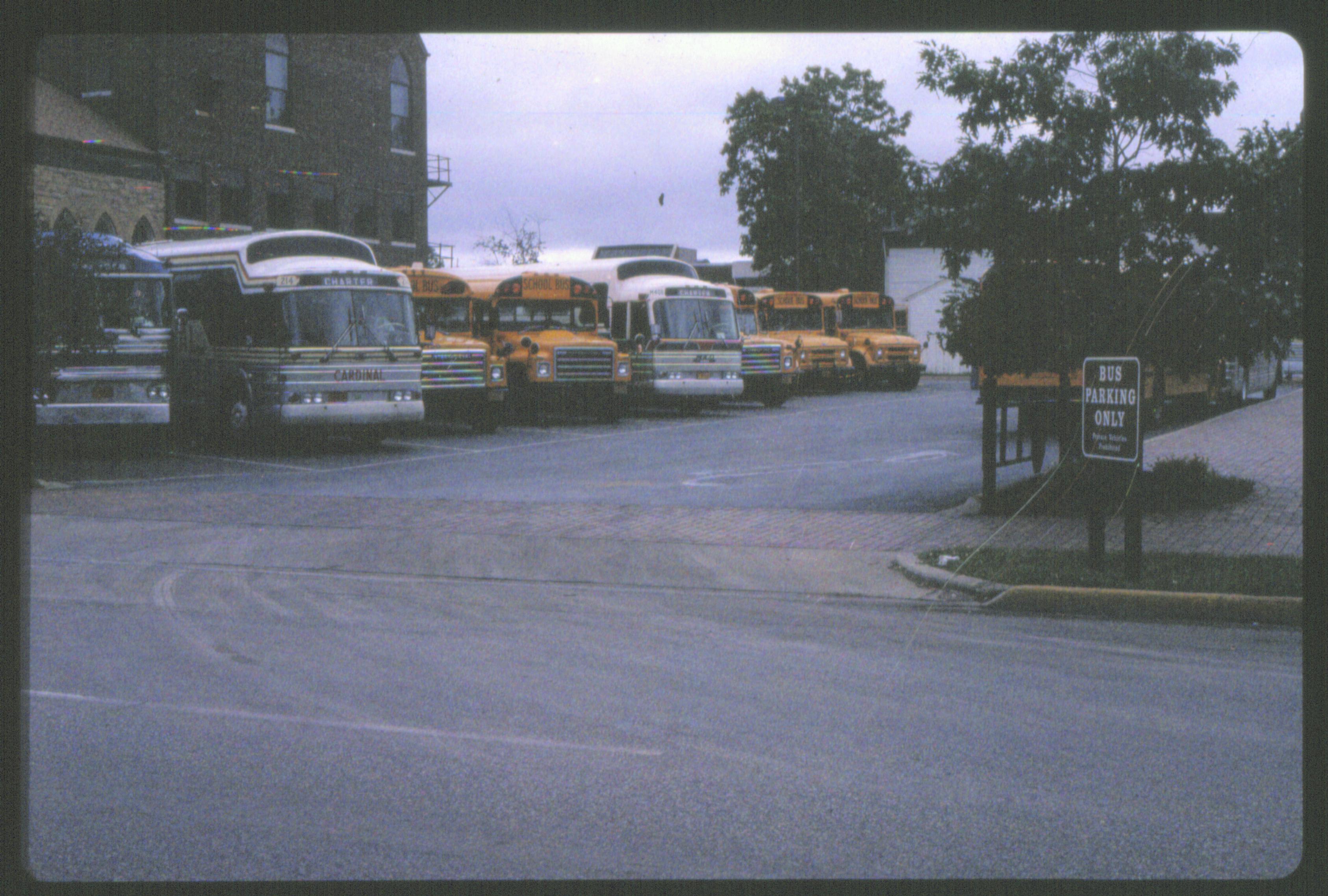 Parking lots - bus parking lot, Grace Lutheran Church on left, Beedle House in background looking East bus, parking lot, Grace Lutheran Church