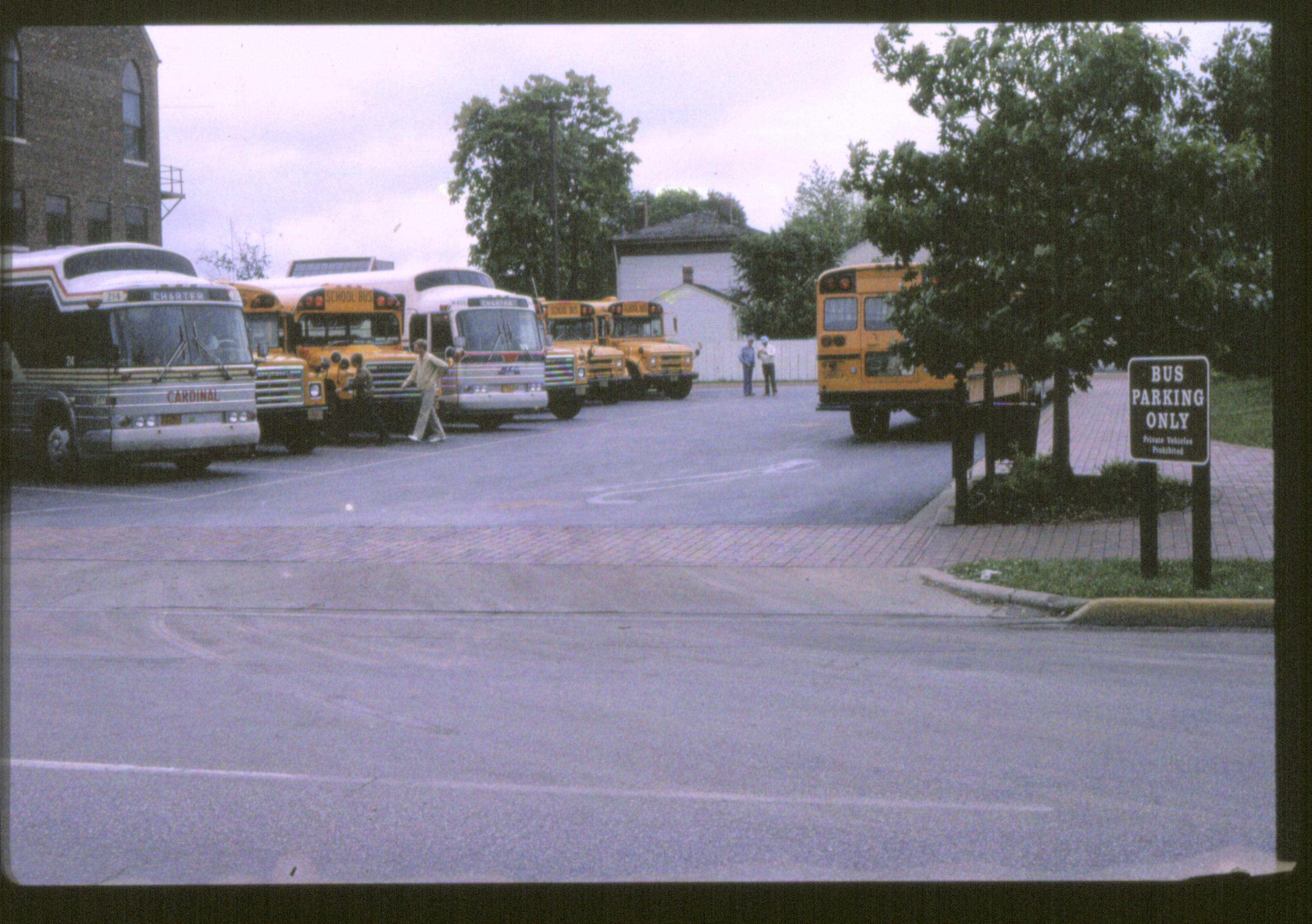 Parking lots - Bus parking lot, Grace Lutheran Church on left, Beedle House in background looking East bus, parking lot, Grace Lutheran Church, Beedle