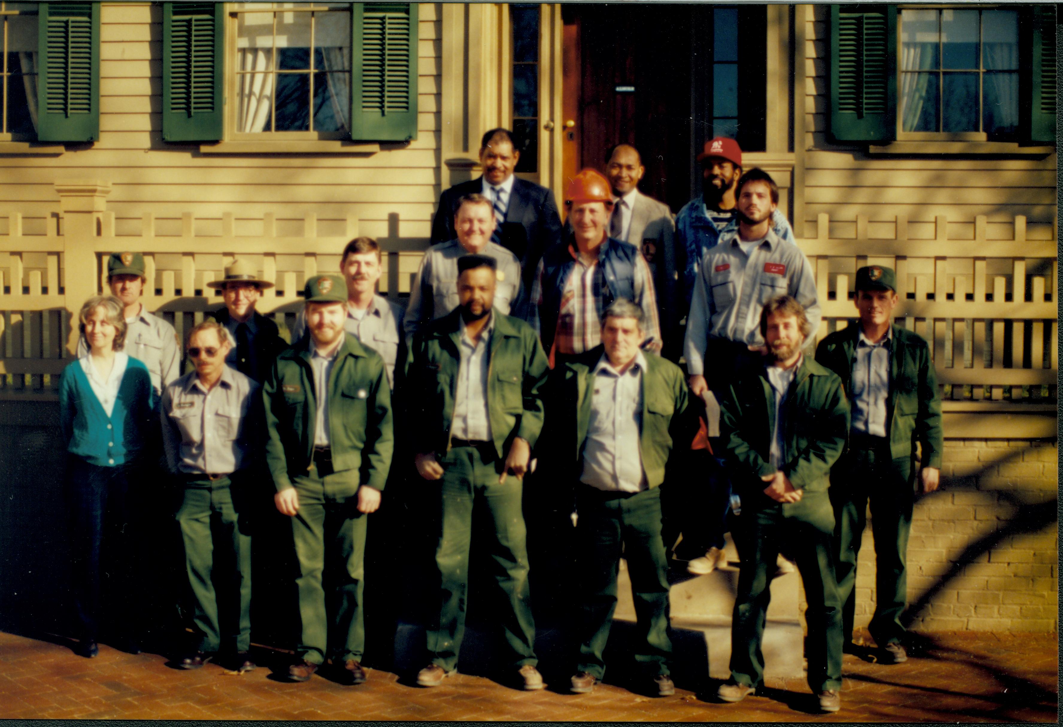 Maintenance, contractors, and other staff on front steps of Lincoln Home looking East awards, staff, Lincoln Home