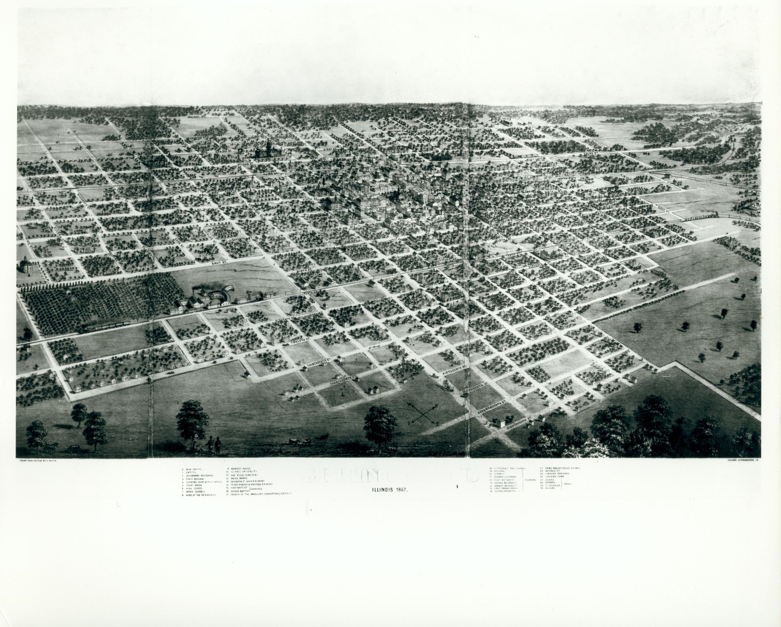 Springfield, Illinois, 1867. panorama drawing panorama, drawing