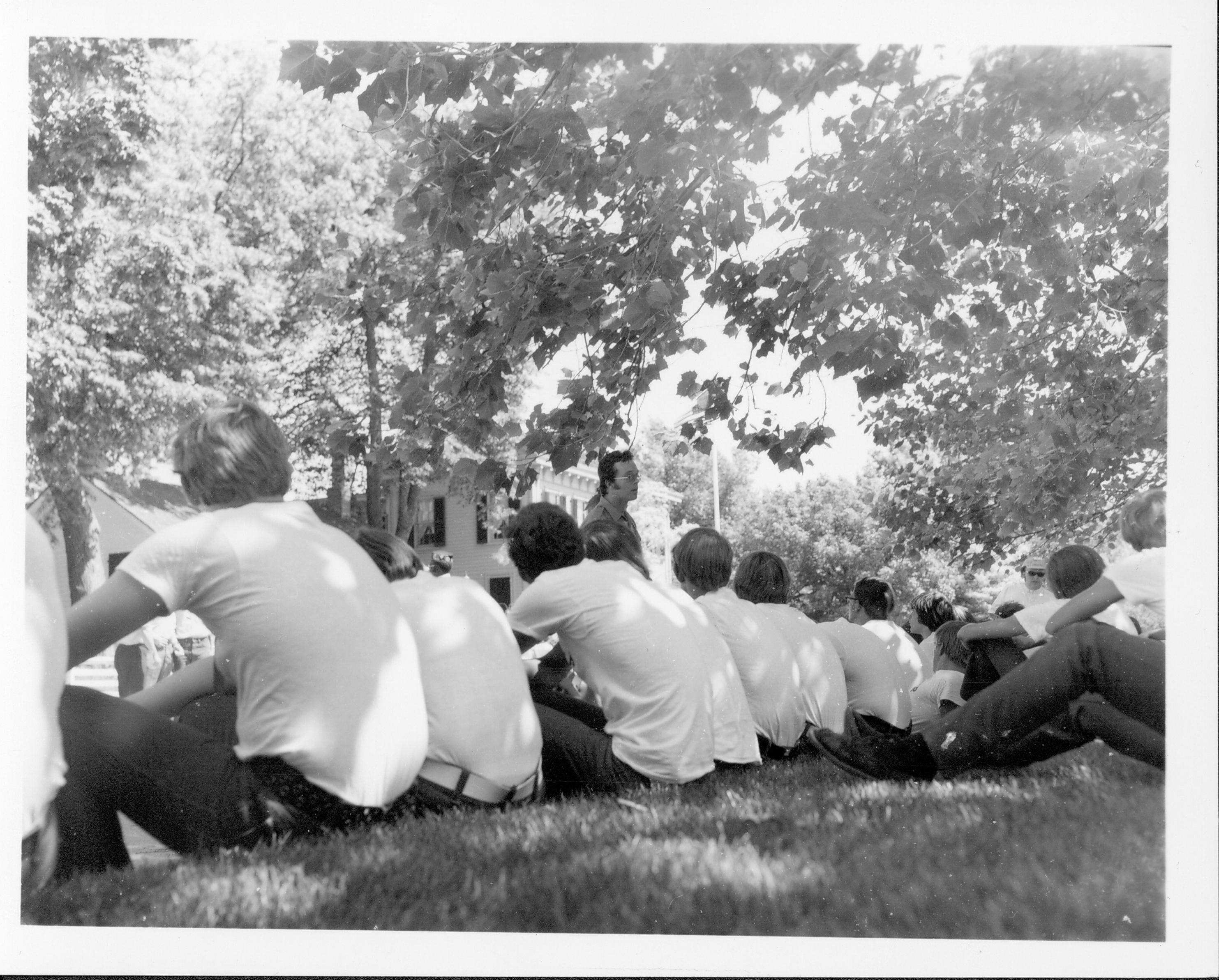 Visitors - Seasonal Interpretation Walking Tour.  Ranger Kent Sprague in front of Dean House Class 8, Pic. 8 Interpretive Staff, 1973