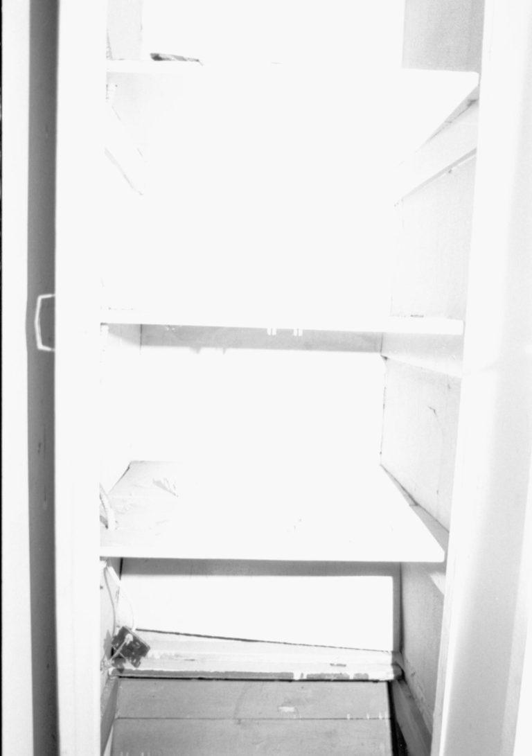Purpose: Document existing conditions before major removals begin; Stuve House, second floor between rooms 203-205, above back stair well, west wall, storage space Lincoln Home NHS- Stuve House HS-05-002, exp 21 Stuve House, removals