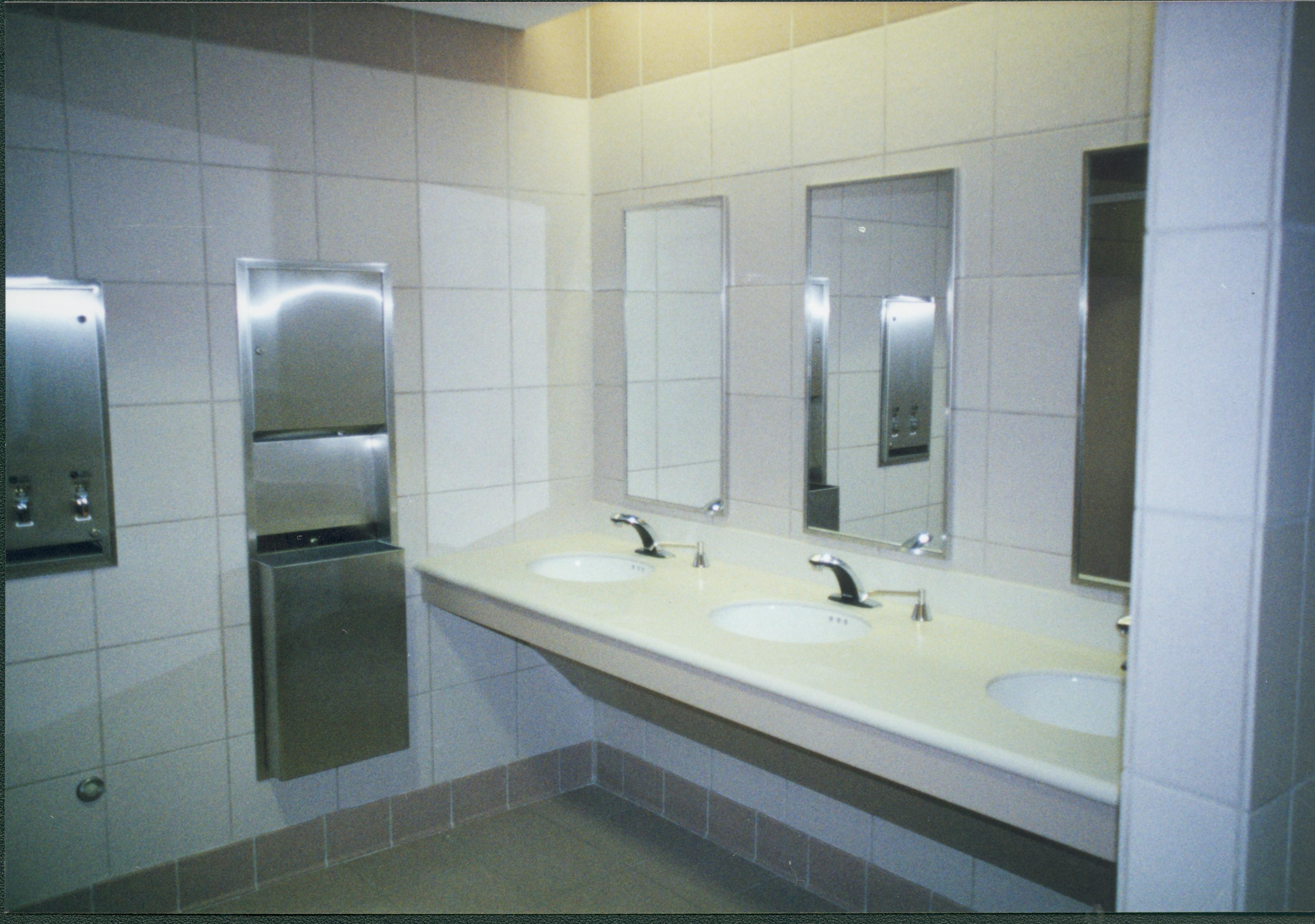 Visitor Center remodeling - Sink/towel area in women's restroom completed. Looking North from toilet area Visitor Center, remodel, restroom, sinks