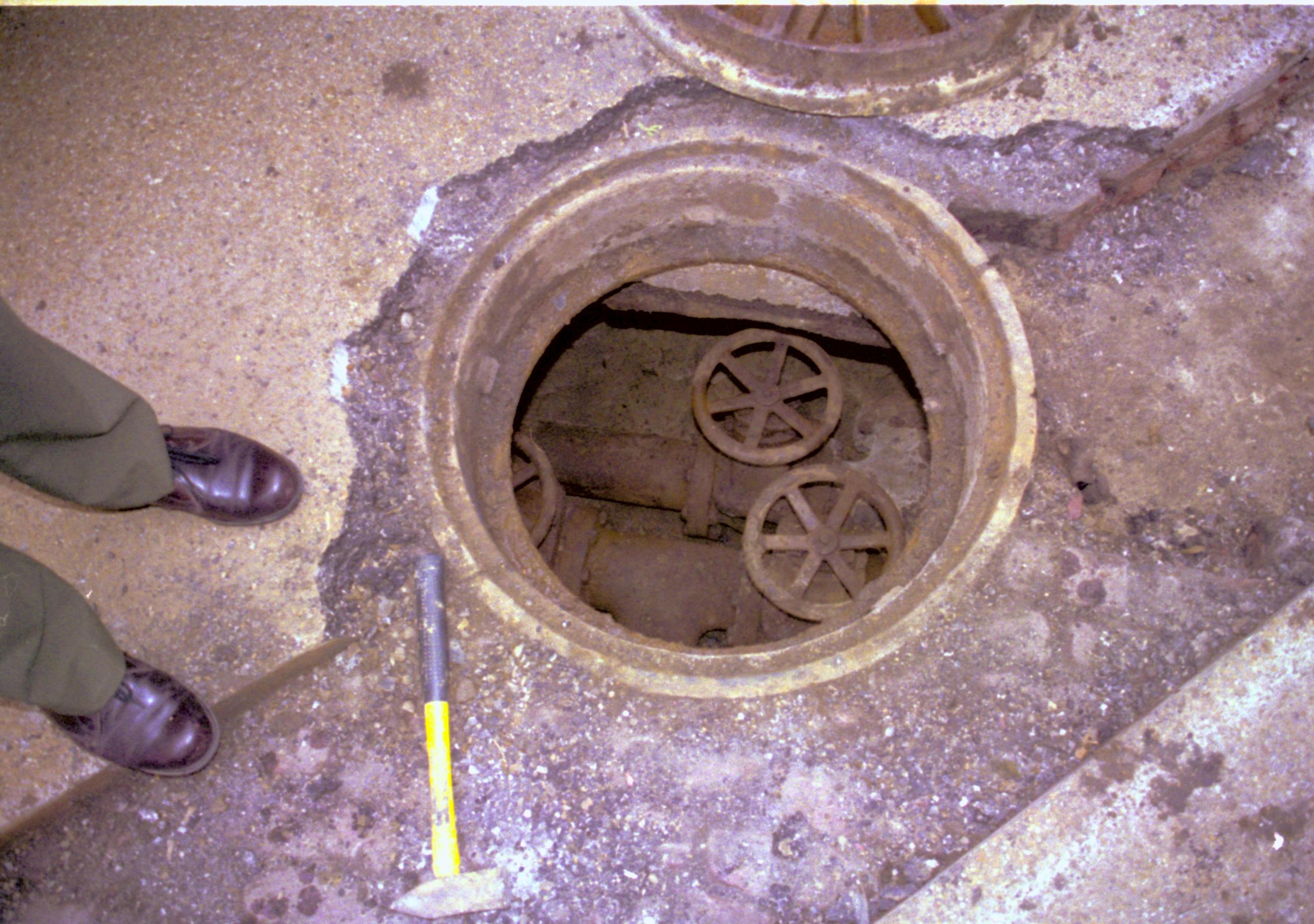 South of Visitor Center, stream valves interior Lincoln Home NHS- Visitor Center remodel,  Roll 2000-8, exp 1 Visitor Center, steampipe, valves