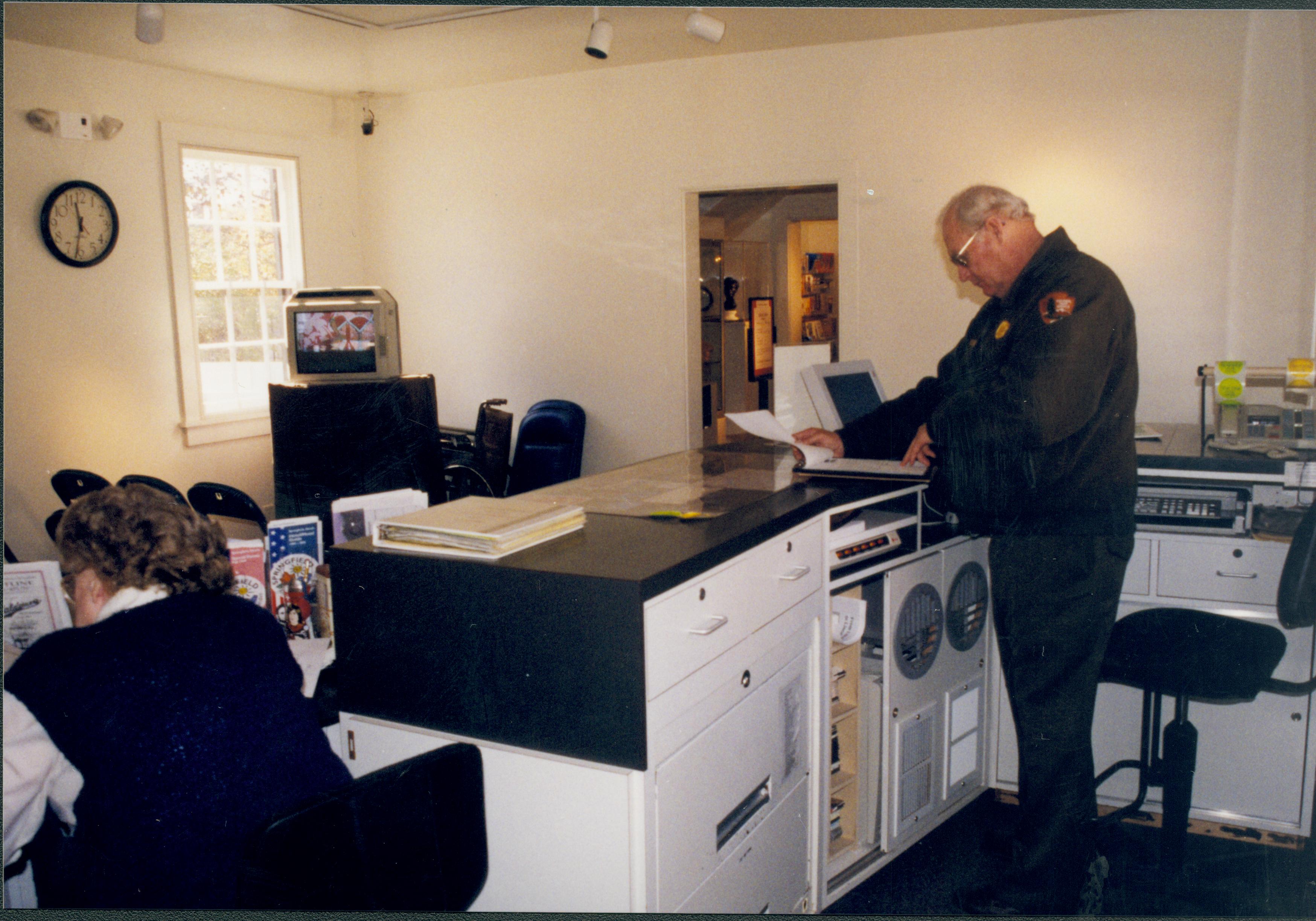 Setup behind Visitor Center desk Lincoln Home NHS- Visitor Center remodel,  Roll 1999-15 exp 16 Visitor Center, Arnold, temporary