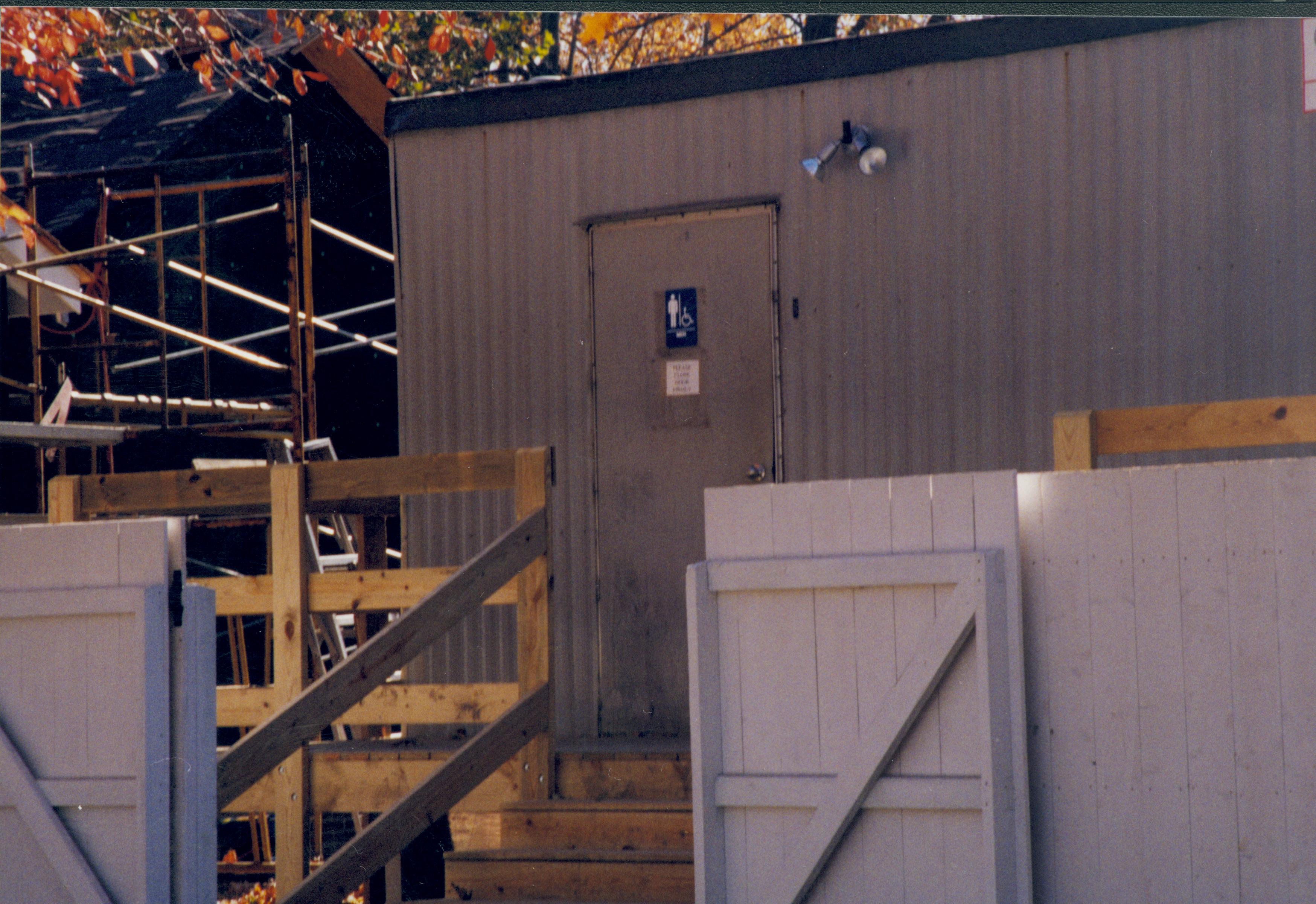 Men's room door- restroom trailer Lincoln Home NHS- Visitor Center remodel, Roll 1999-15 exp 2 Visitor Center, Corneau, restroom, trailer