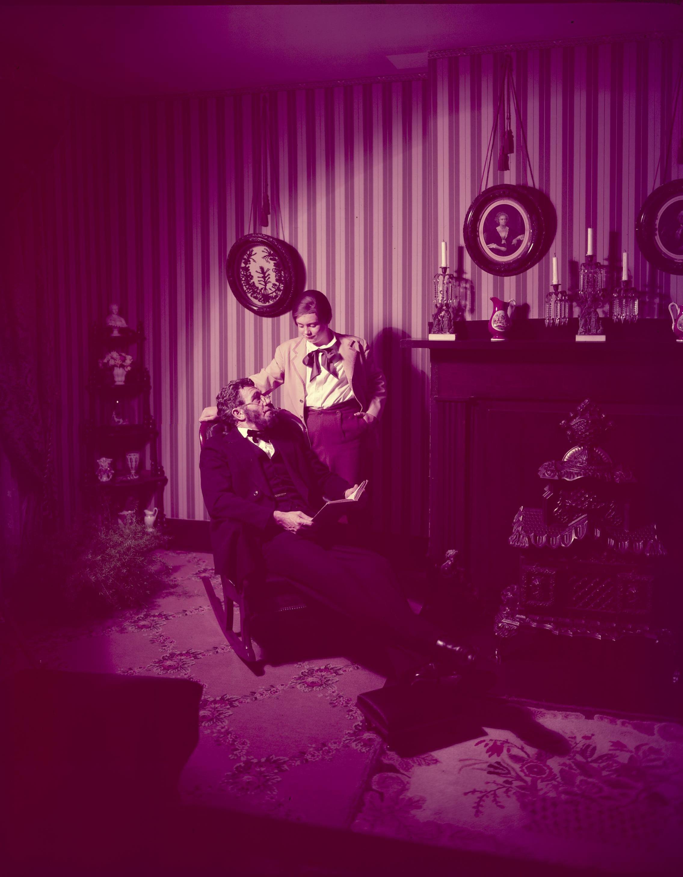 Mr. and Mrs. Lincoln impersonators in front parlor. Lincoln Home NHS- McCalls pictures 1957, 8-11+ Lincoln, McCalls, parlor, furnishings