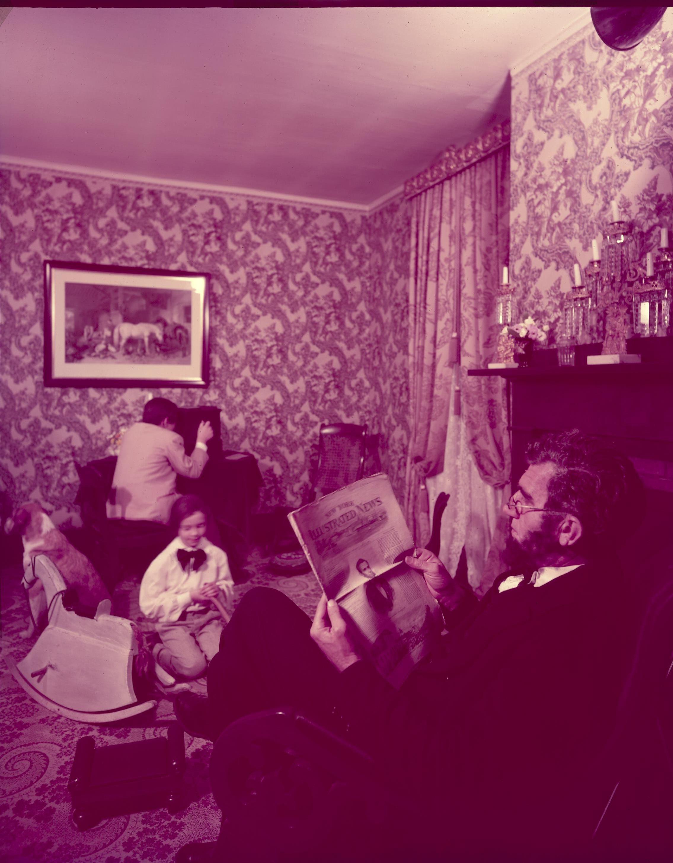 Lincoln family impersonators and dog in sitting room. Lincoln Home NHS- McCalls pictures 1957, 11 Lincoln, McCalls, furnishings