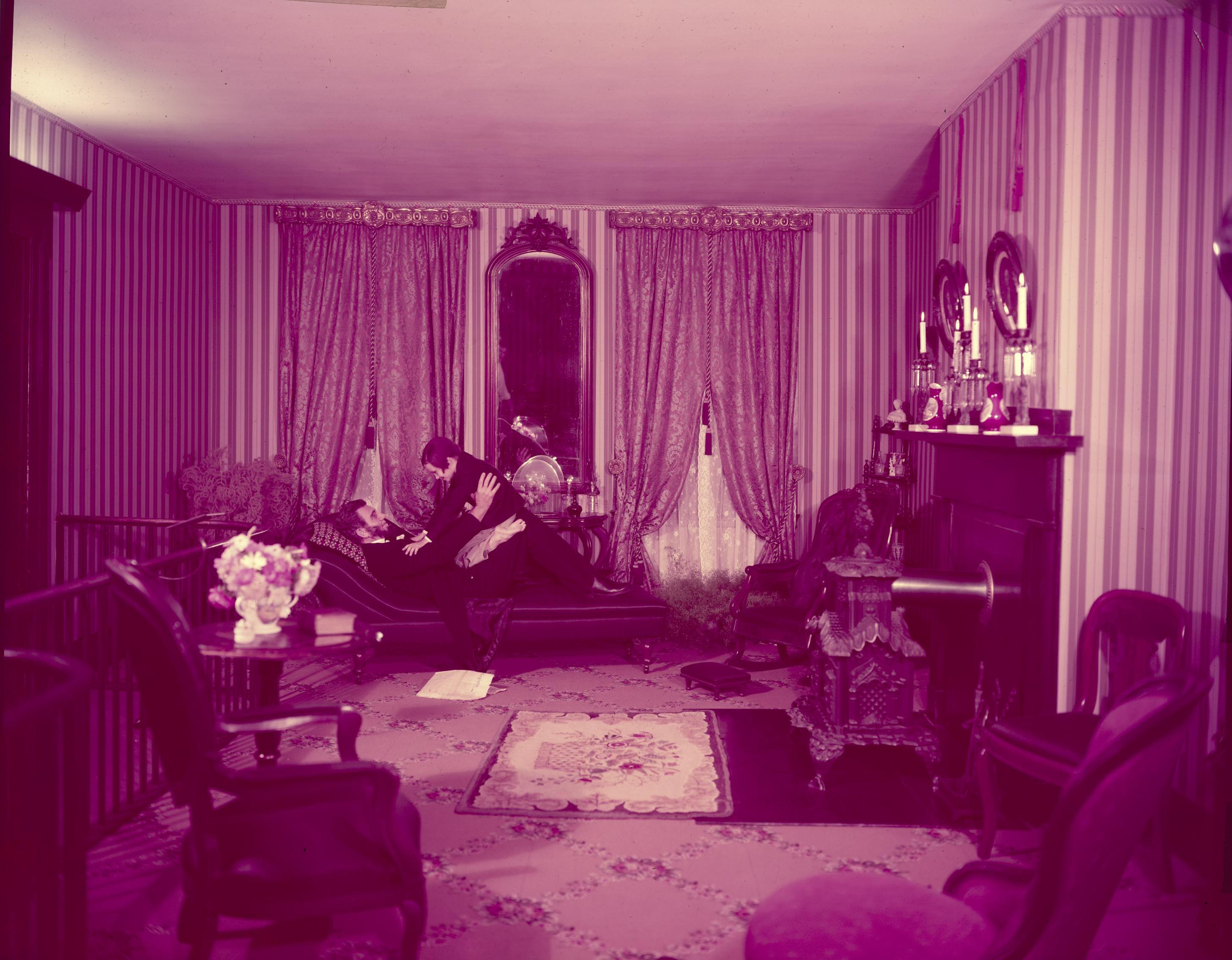 Two men as Mr. Lincoln and another man impersonators in front parlor. Lincoln Home NHS- McCalls pictures 1957, 11 Lincoln, McCalls, furnishings