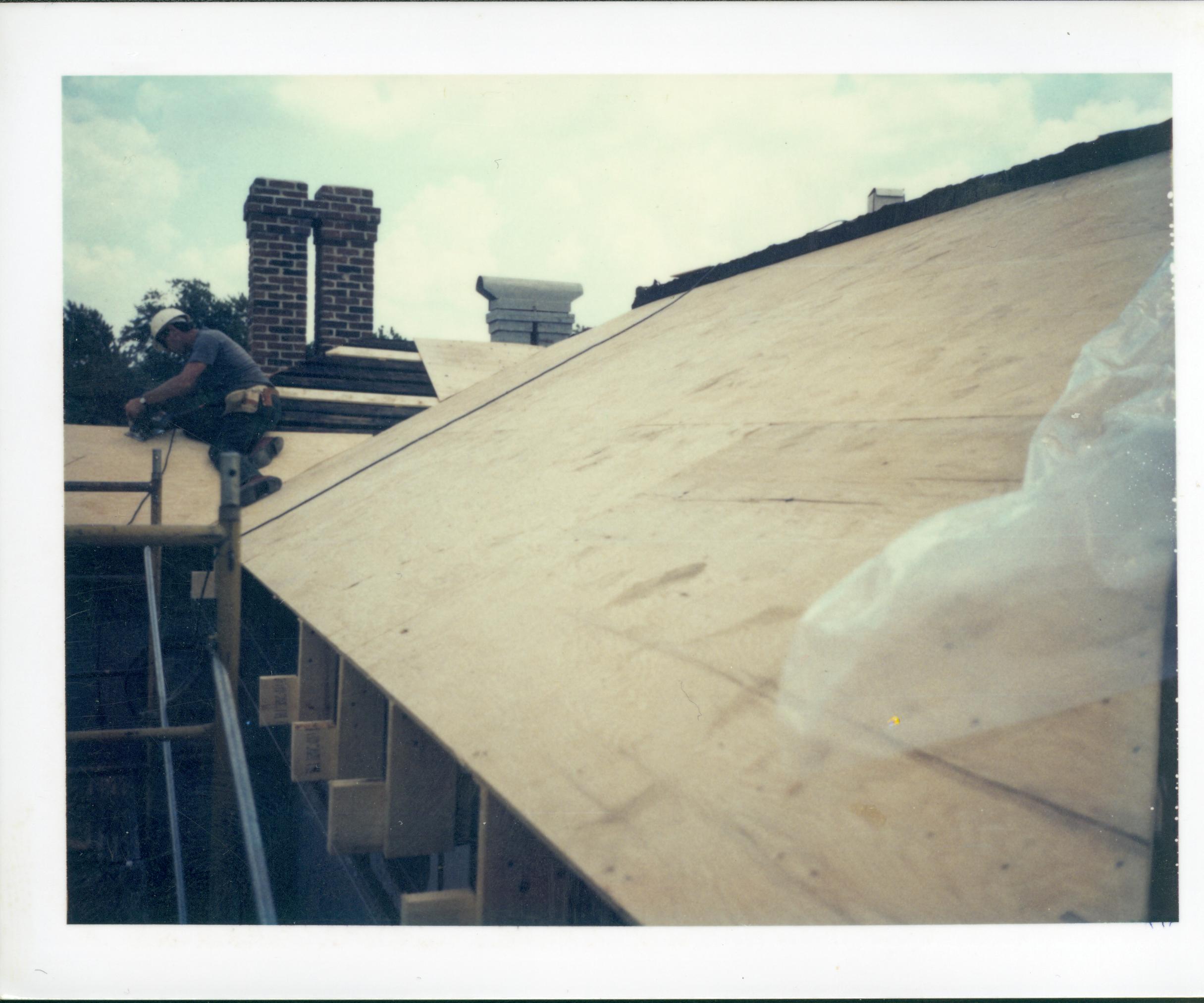 Stuve House, 3/8 inch plywood being applied to North side of West end of main roof Lincoln Home NHS- Stuve House Stuve House, restoration, roof