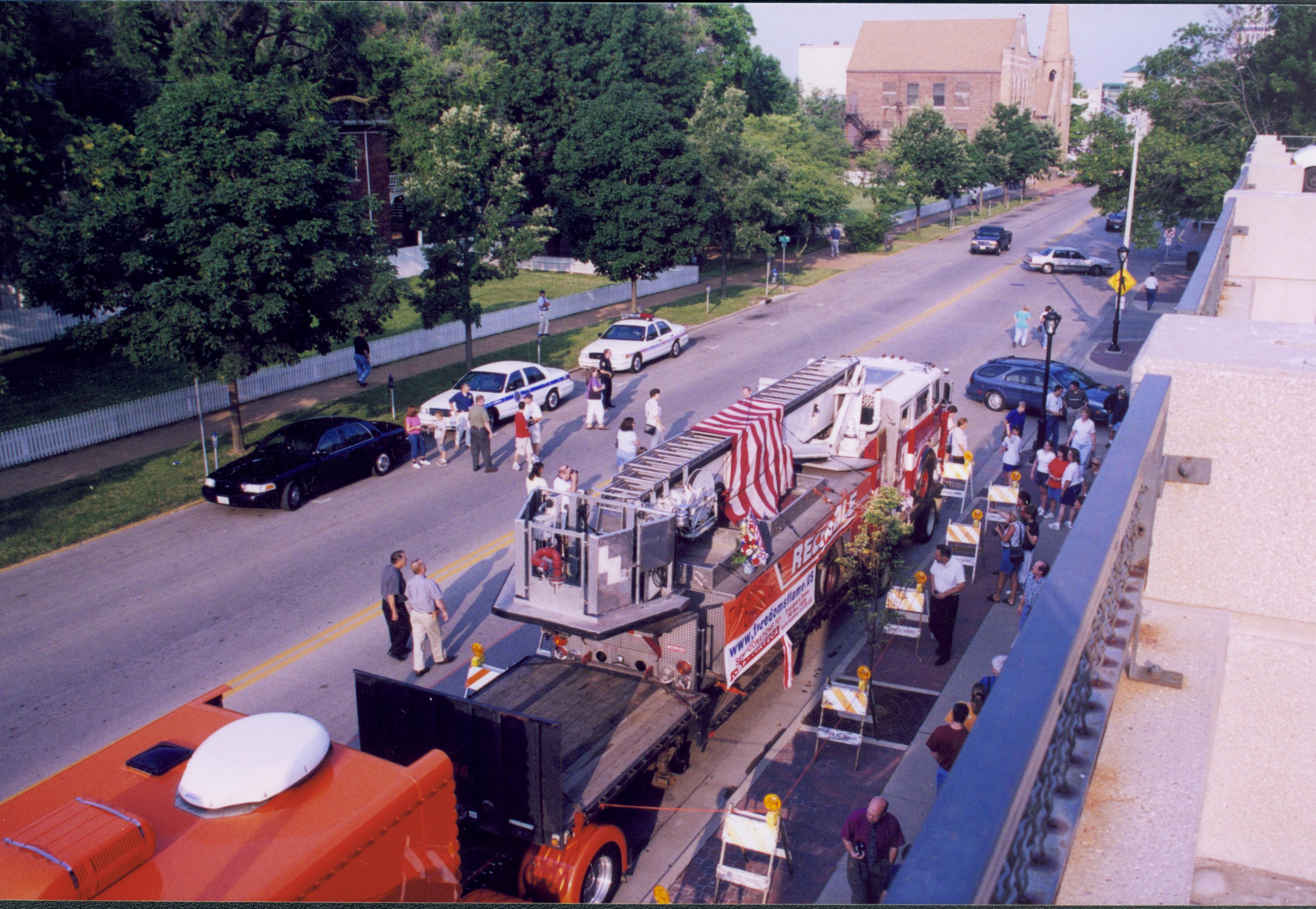 World Trade Center firetruck from parking deck Lincoln Home NHS- World Trade Center,  Roll 2002 exp 7 World Trade Center, display