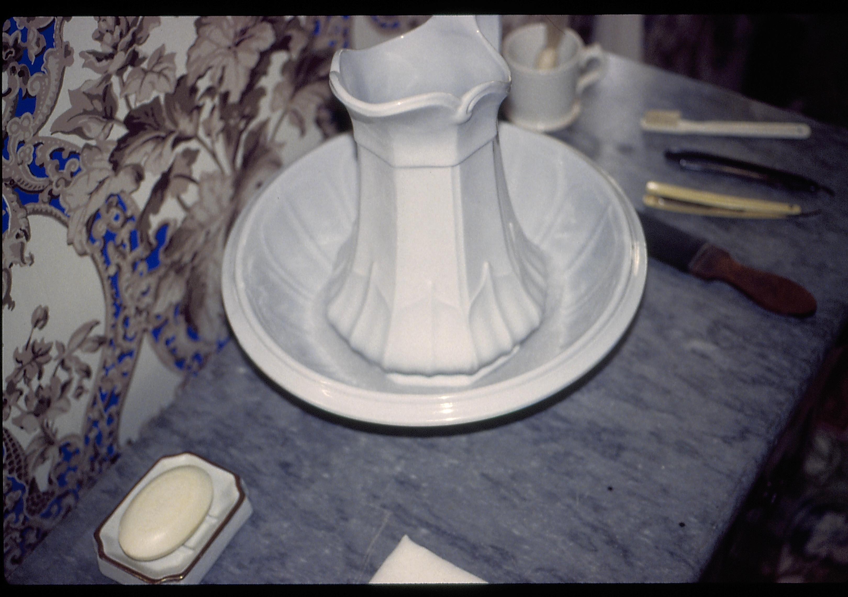 Pitcher, wash bowl, soap on wash stand.  Lincoln Home NHS- Christmas in Licoln Home 1997, HS-20 Film Roll #17 Christmas, decorations