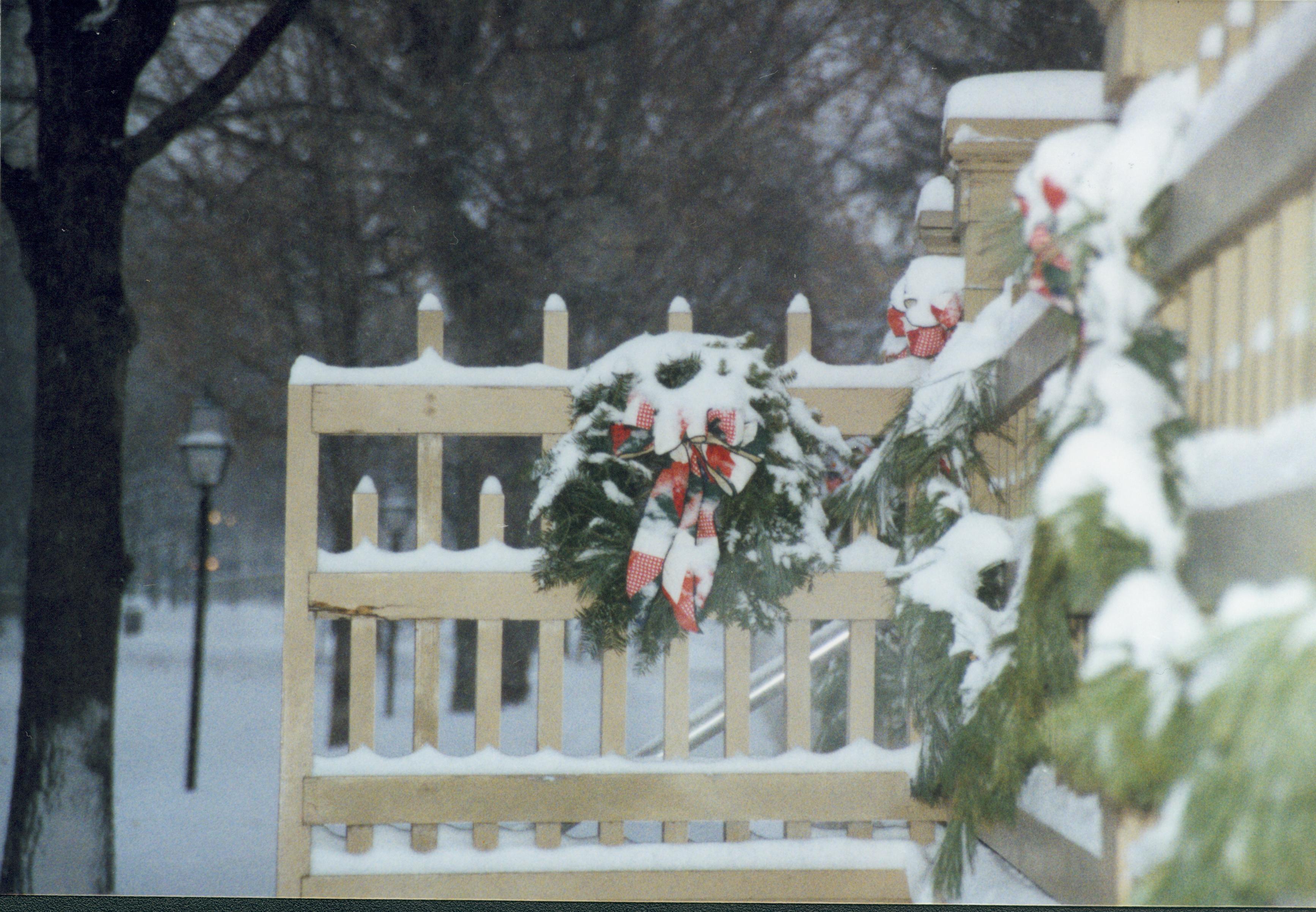 Lincoln Home front gate during snow. Lincoln Home NHS- Christmas in Lincoln Neighborhood 2000, HS-01 2000-10 Christmas, decorations, neighborhood