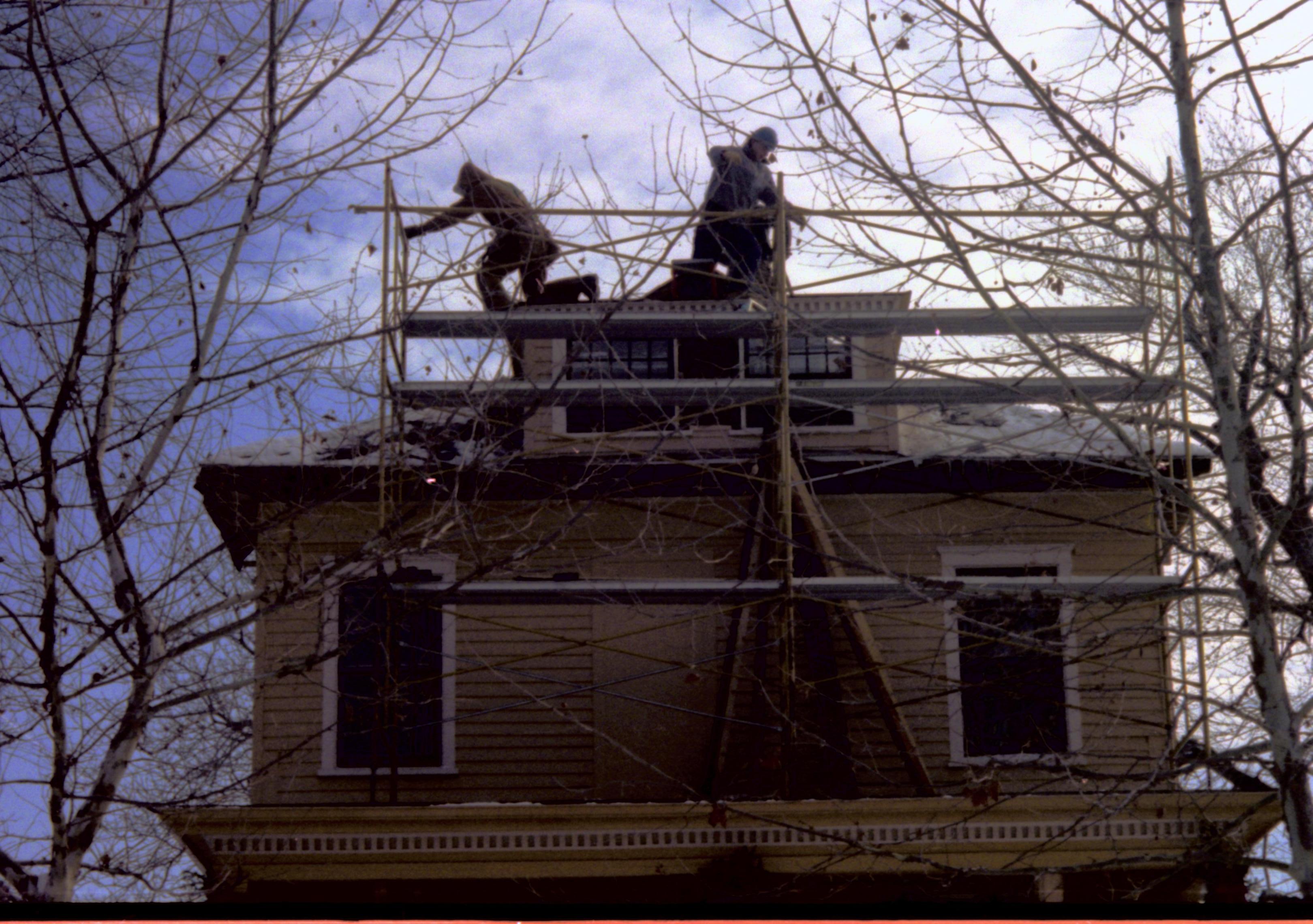 Men working on scaffolding at Cook house. Lincoln Home NHS restoration; Cook house.