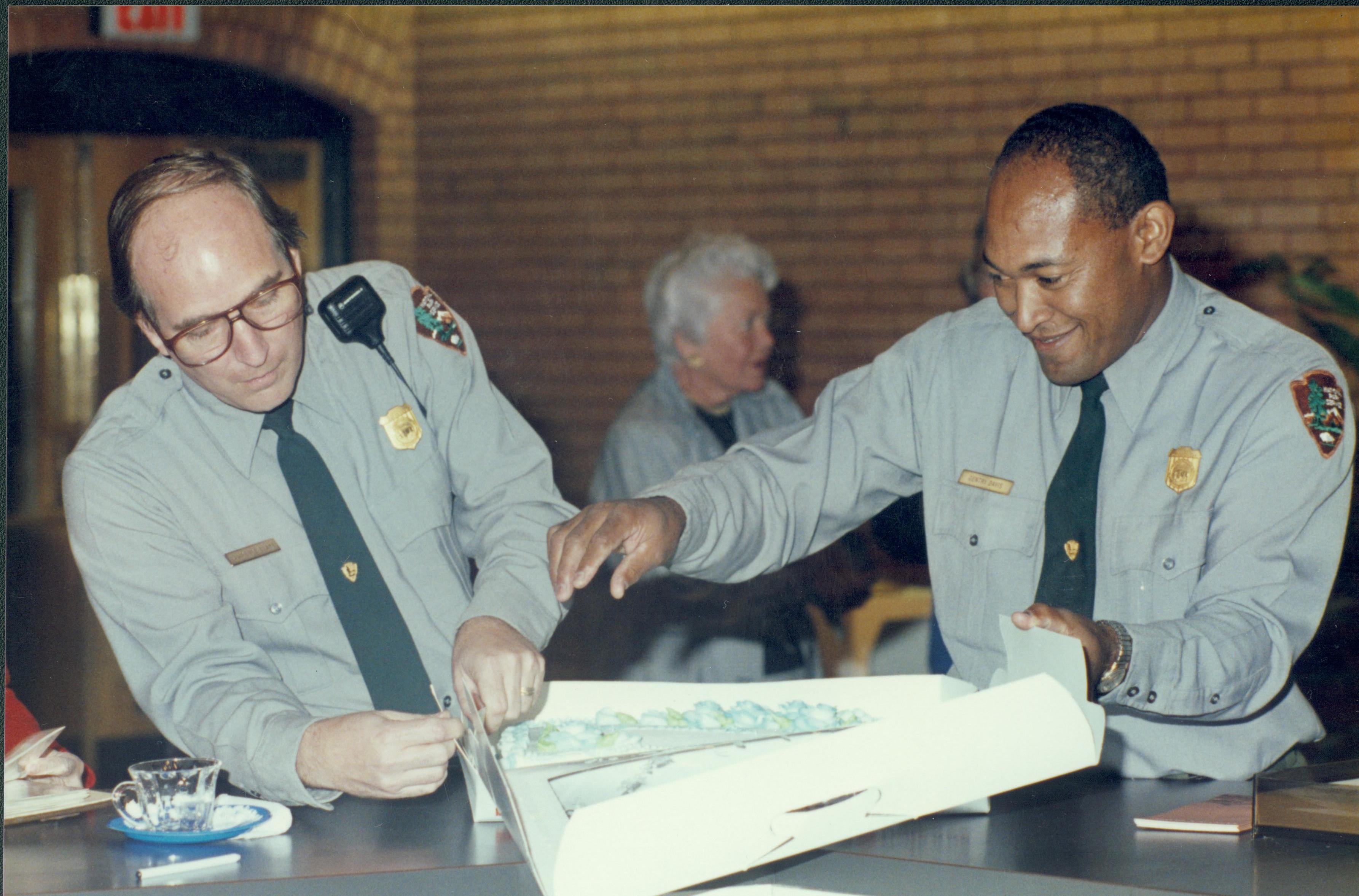 Park Superintendent Gentry Davis and Chief Ranger Lawrence Blake Lincoln Home NHS- Colonial Dames 9/89 colonial, ceremony, cake