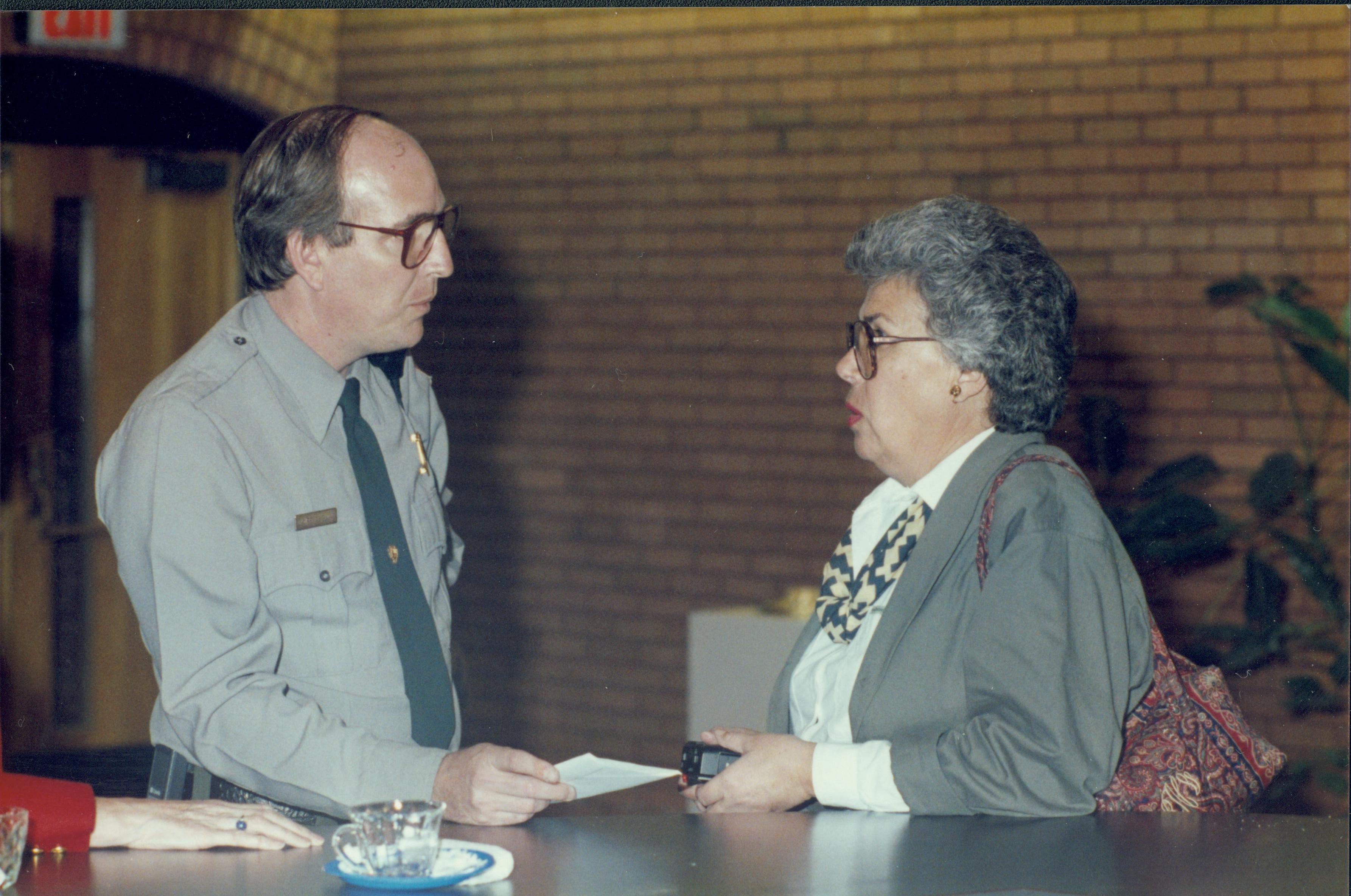 Chief Ranger Lawrence Blake with park guest Lincoln Home NHS- Colonial Dames 9/89 colonial, ceremony, cake