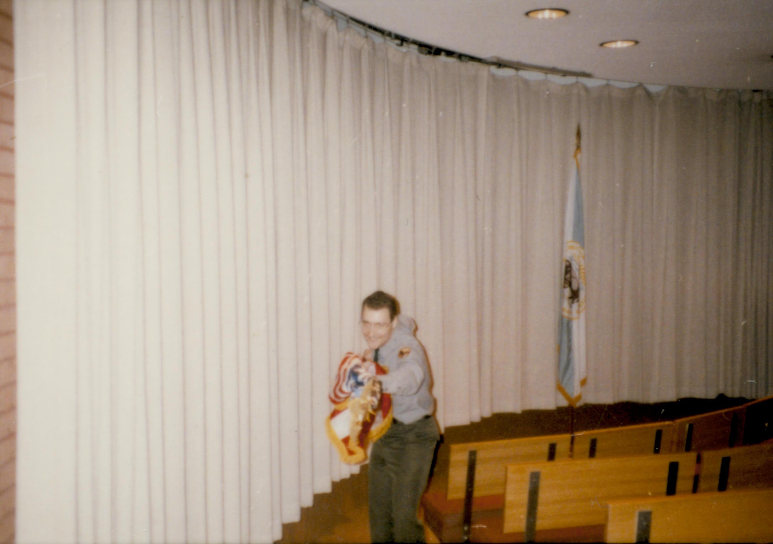 Ranger carrying U.S. flag out of VC. Lincoln Home NHS- Cook House Contractor Award, 5 contractor, award, Cook