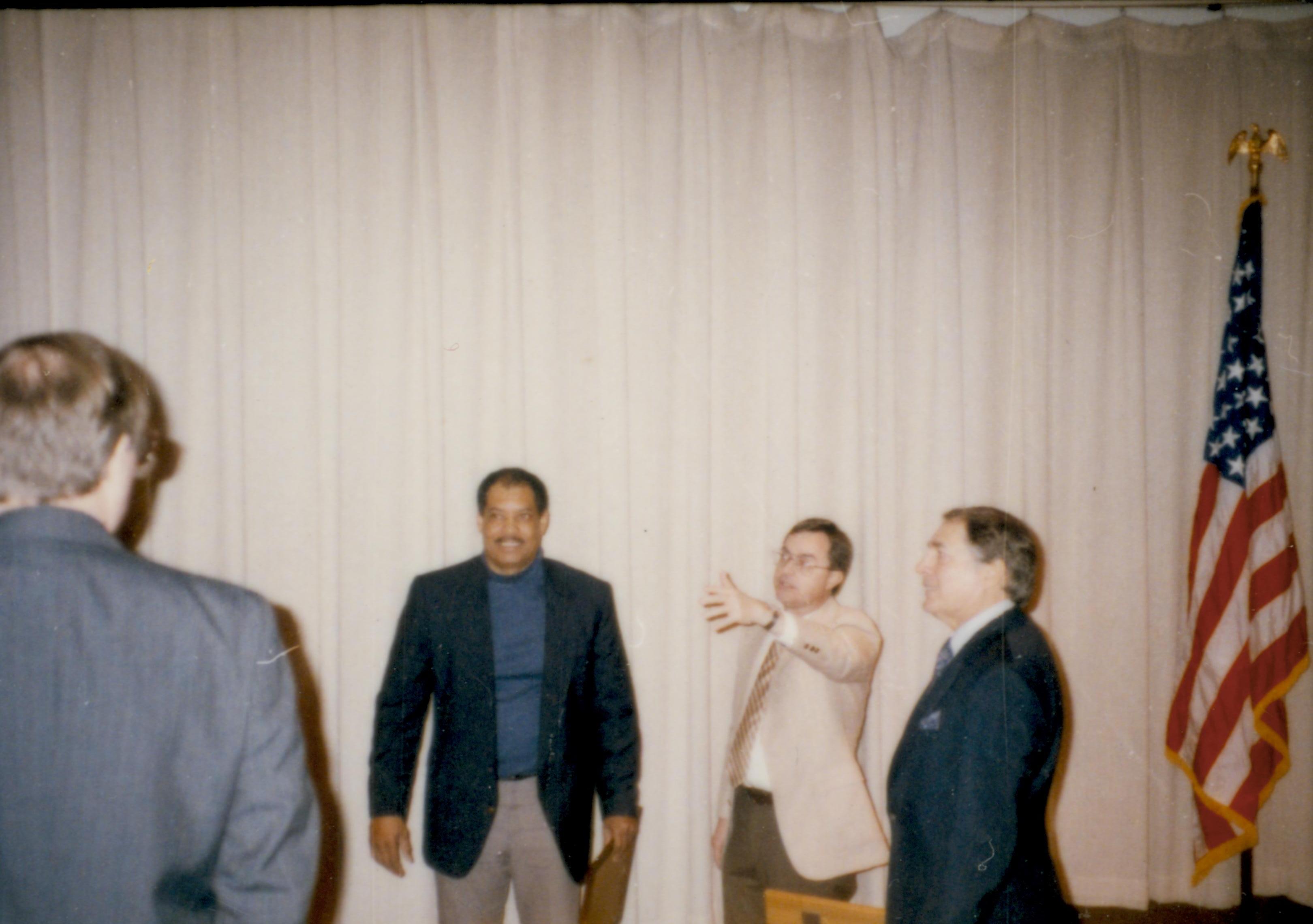 Three men standing in VC theater 1 Lincoln Home NHS- Cook House Contractor Award, 5 contractor, award, Cook