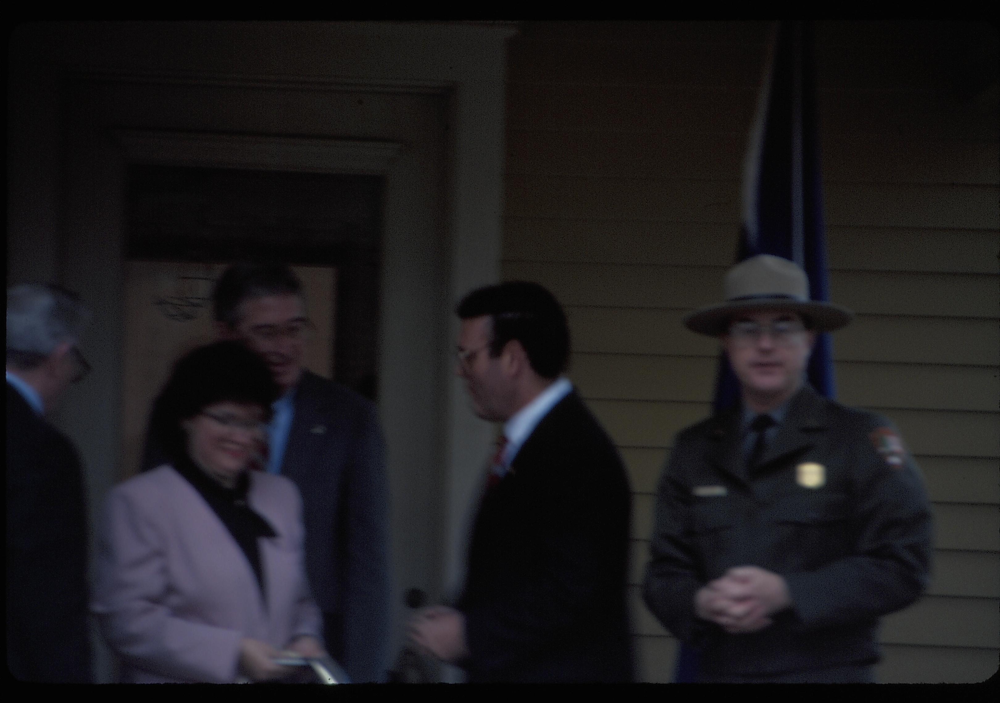 Five people on porch of Cook house. Lincoln Home NHS- Cook House Re-opening  Cook, ceremony