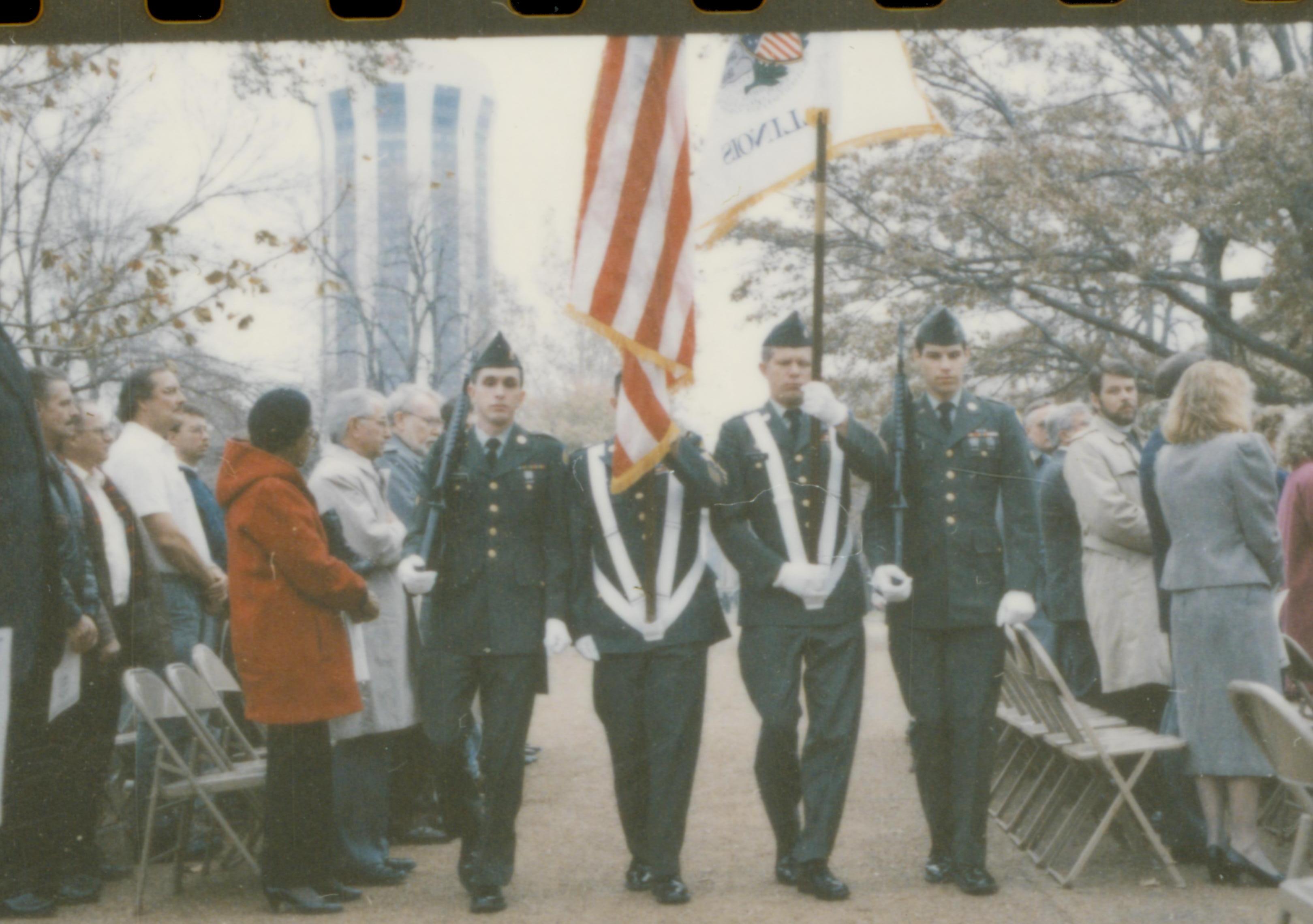 Color guard marching with visitors watching. Lincoln Home NHS- Cook House Re-opening, 1 Cook, ceremony