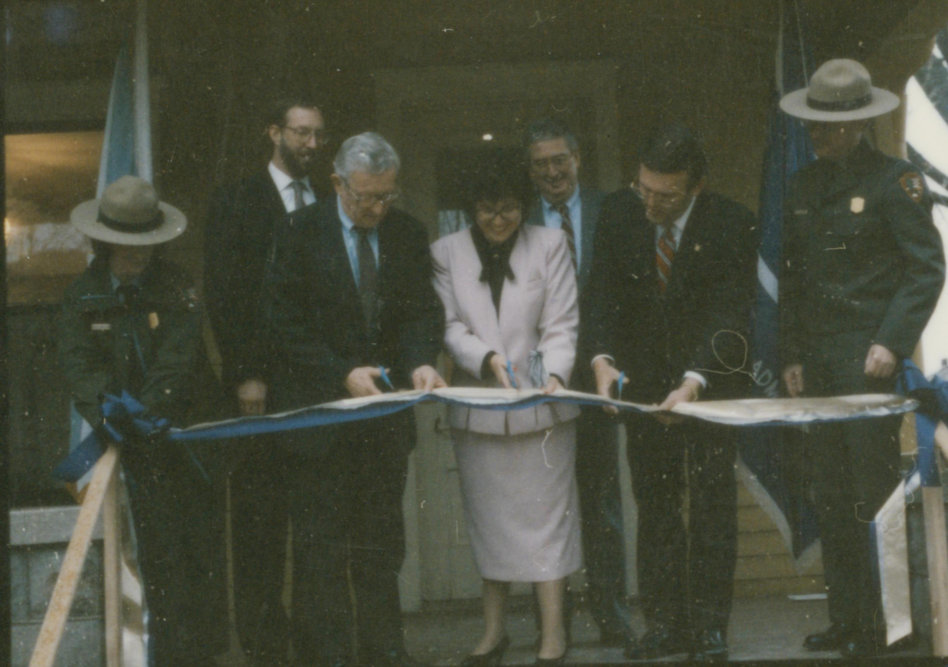 Five people cutting ribbon. Lincoln Home NHS- Cook House Re-opening, 1 Cook, ceremony, ribbon cutting, 