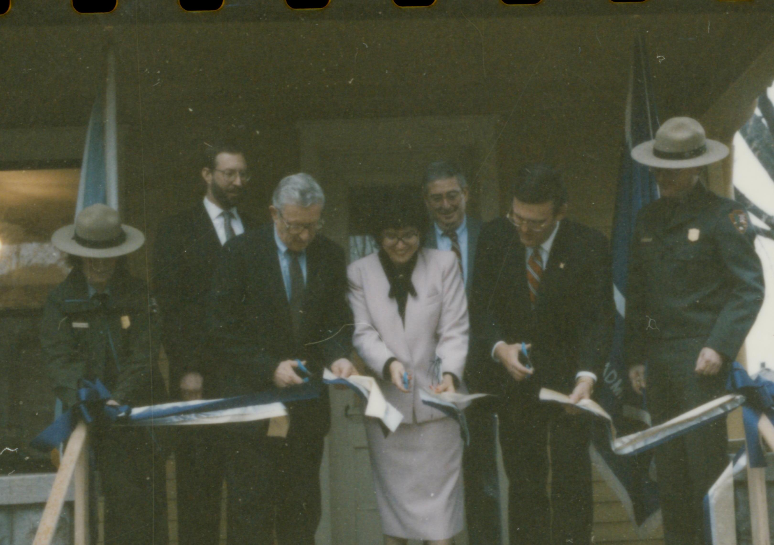 Five people cutting ribbon. Lincoln Home NHS- Cook House Re-opening, 1 Cook, ceremony, ribbon cutting, 