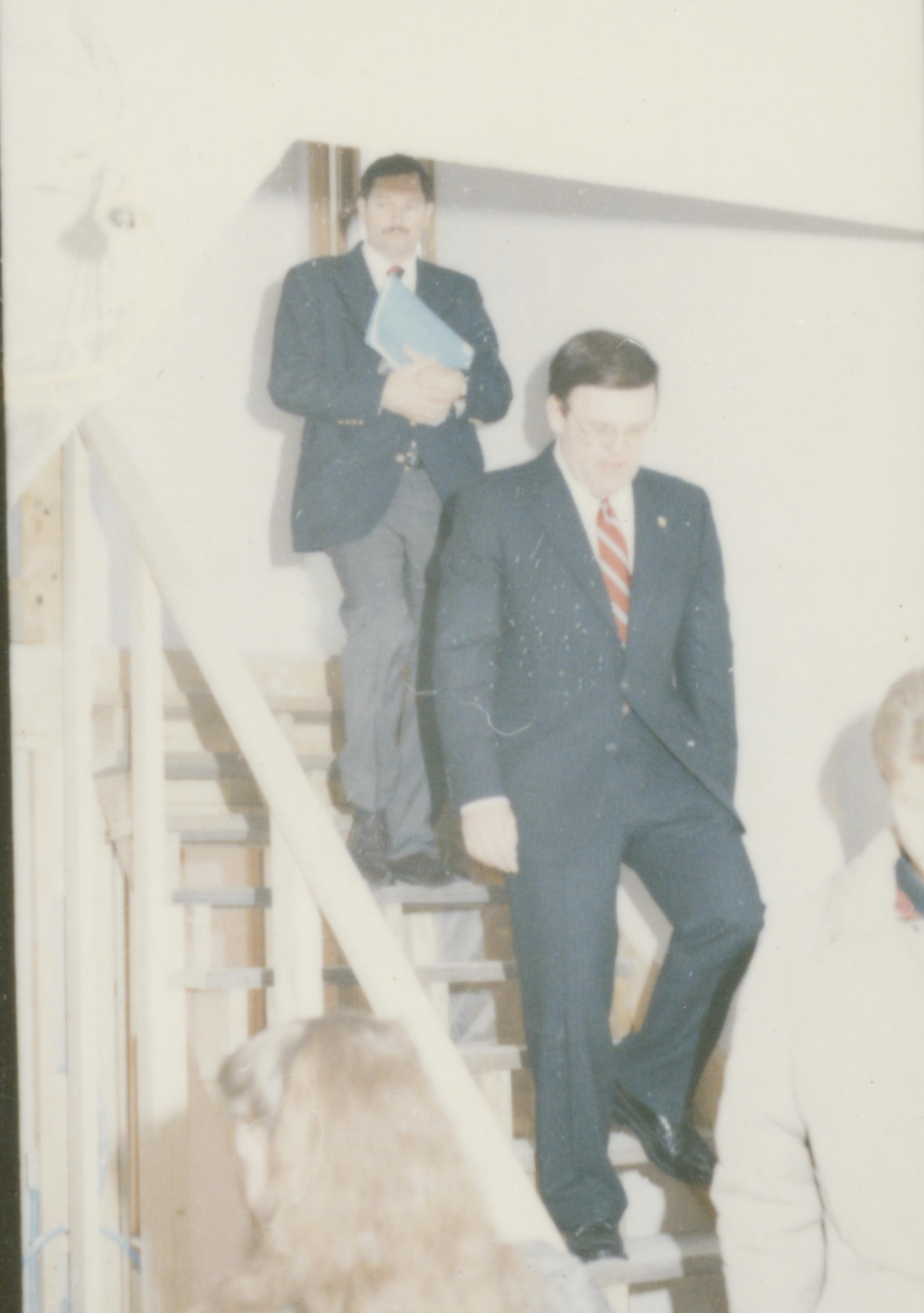 Visitors decending stairs. Lincoln Home NHS- Cook House Re-opening, 1 Cook, ceremony, interview