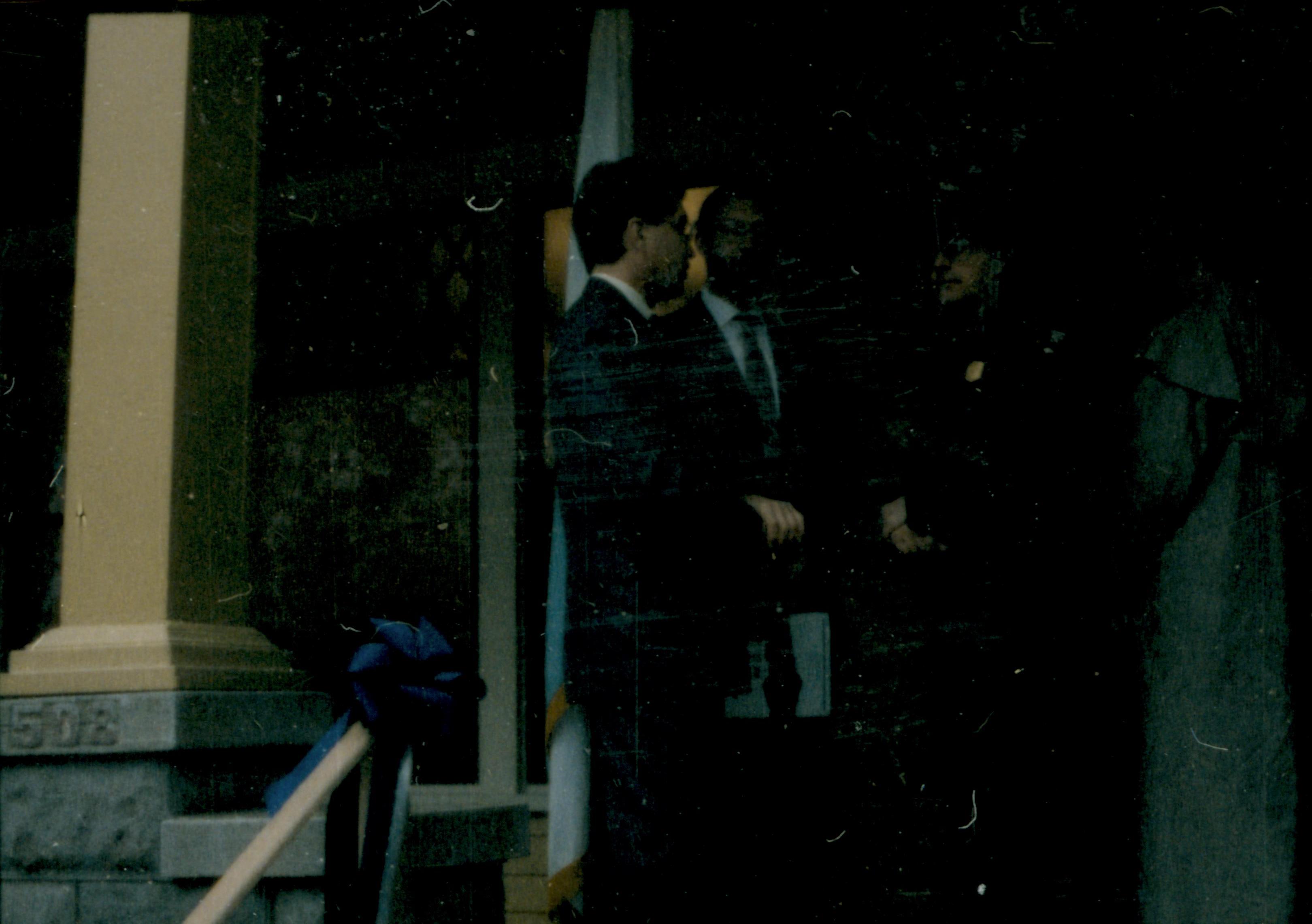 Visitors on porch. Lincoln Home NHS- Cook House Re-opening, 2 Cook, ceremony