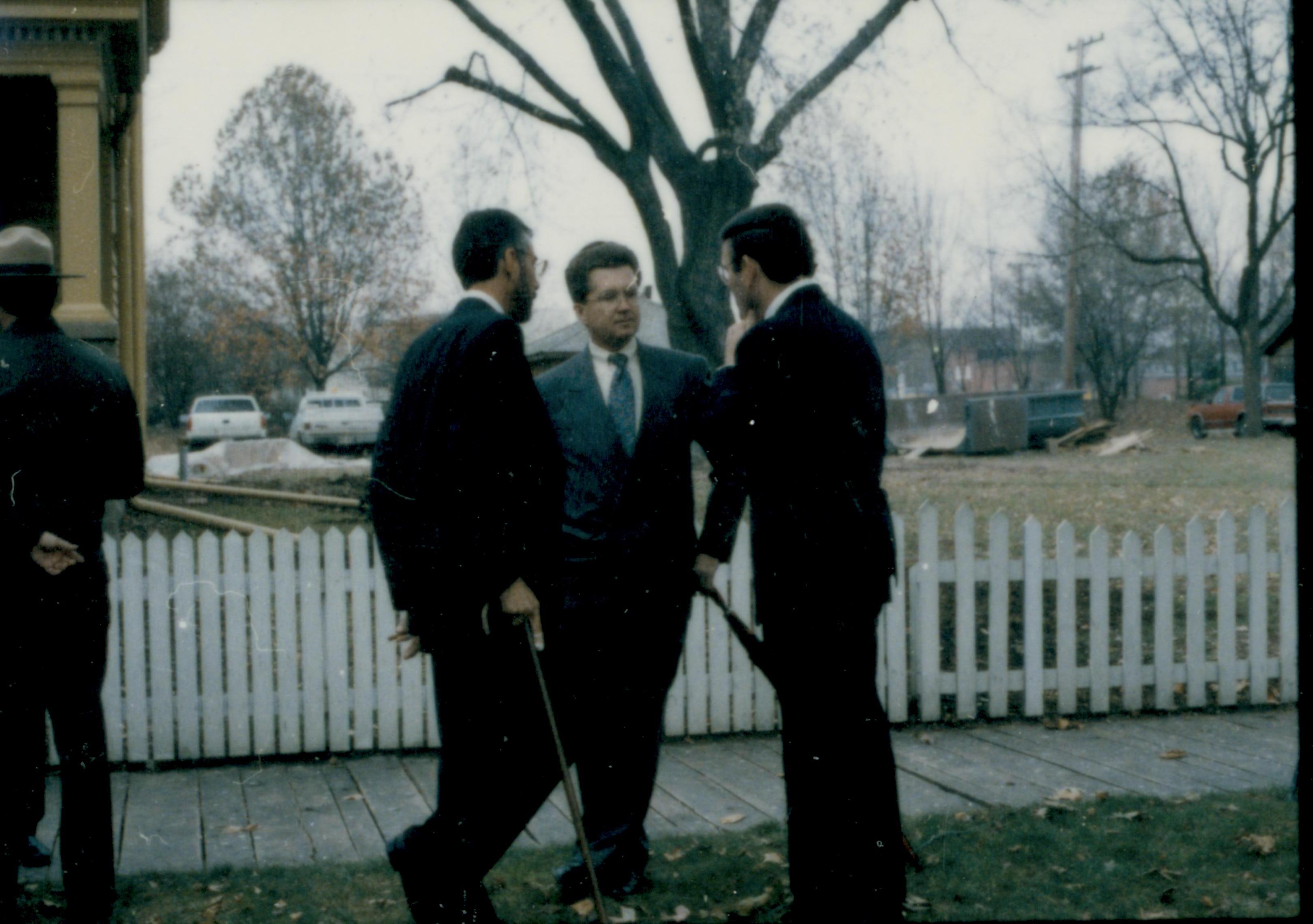 Three men standing and talking. Lincoln Home NHS- Cook House Re-opening, 2 Cook, ceremony, tour