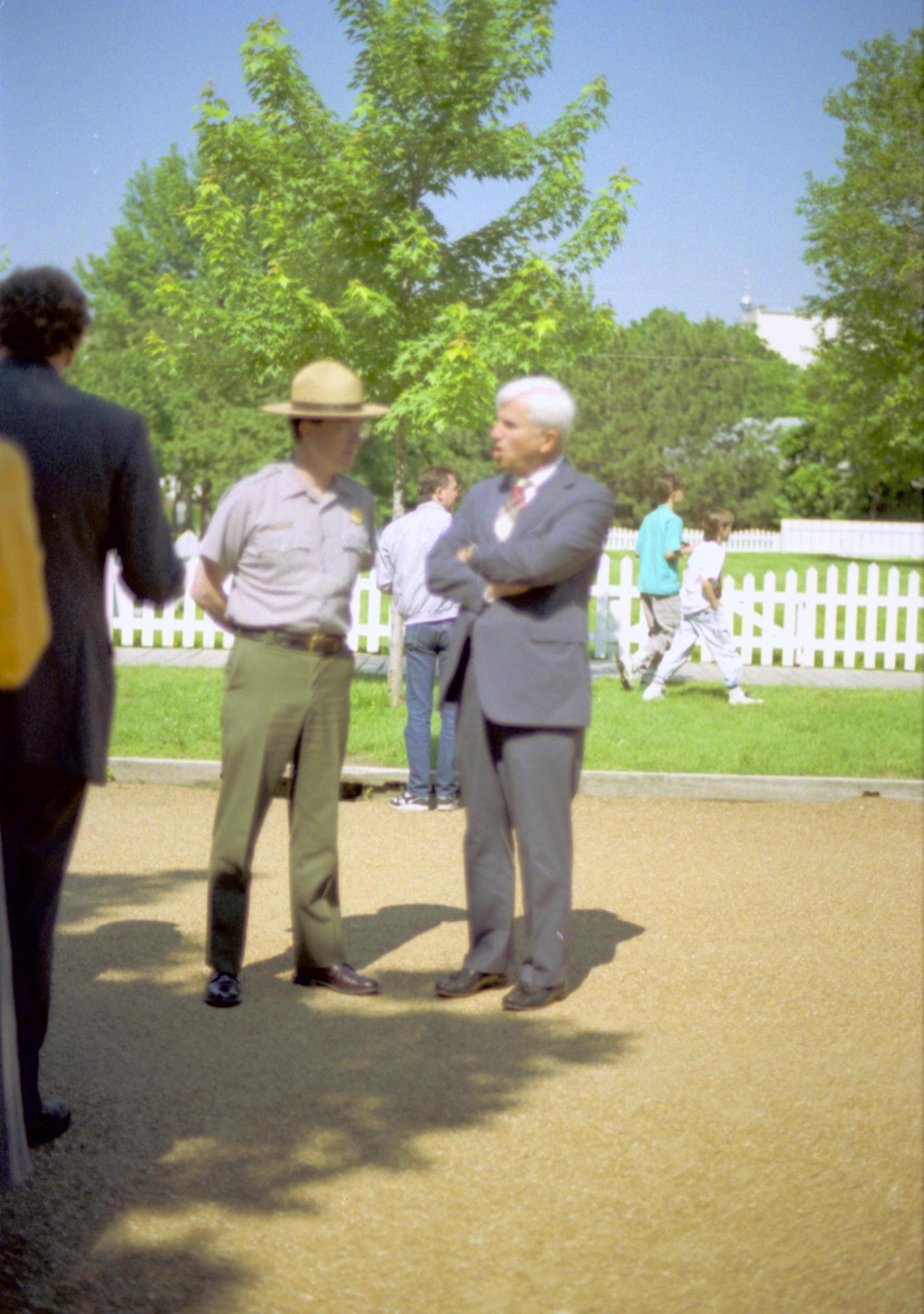 Ranger and man talking. Lincoln Home NHS- Durbin, 24C, artifact #744 tour, conference