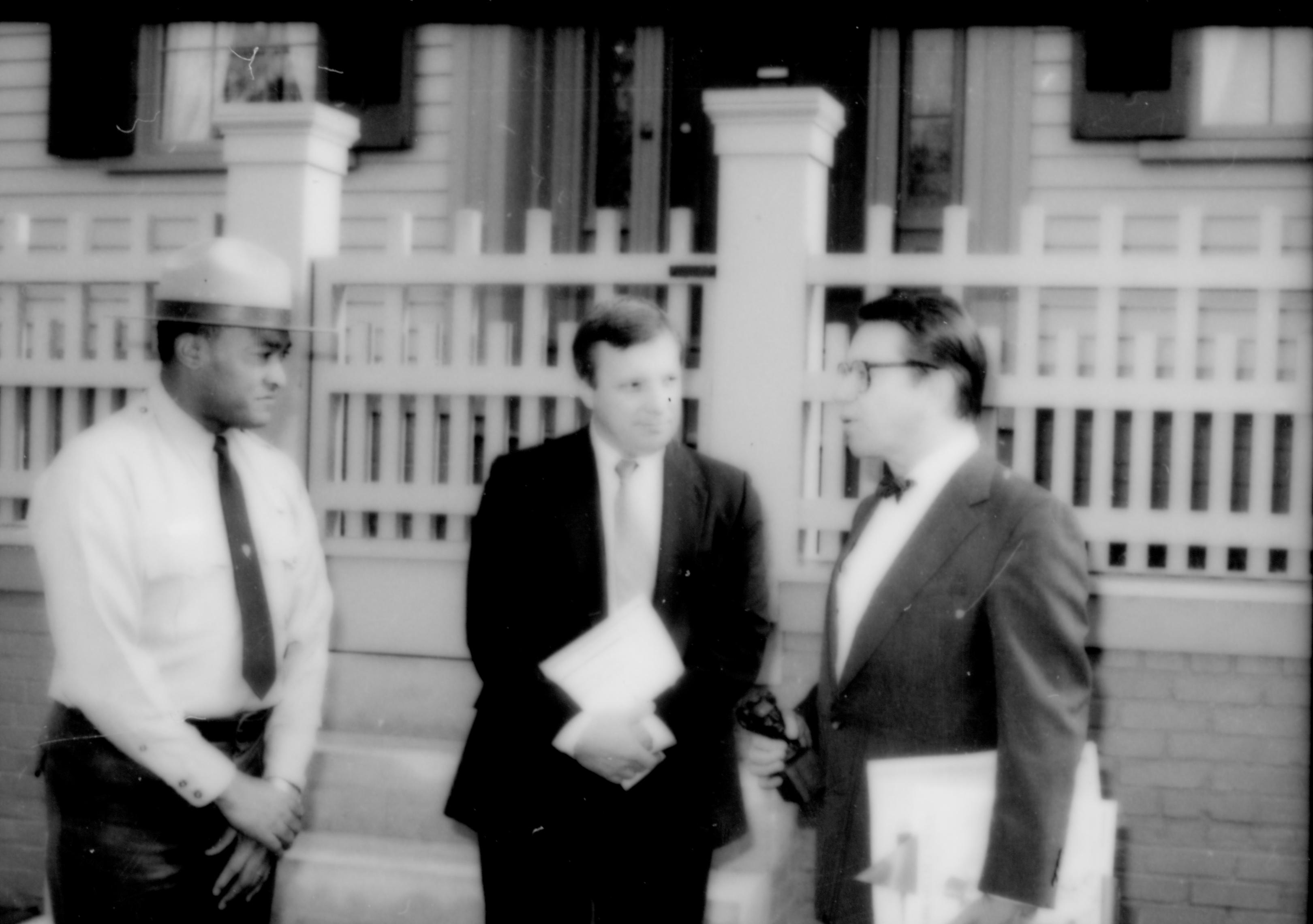 Three men , one holding Lincoln sculpture. Lincoln Home NHS- Durbin and Simon, 77 Durbin, Simon, visit