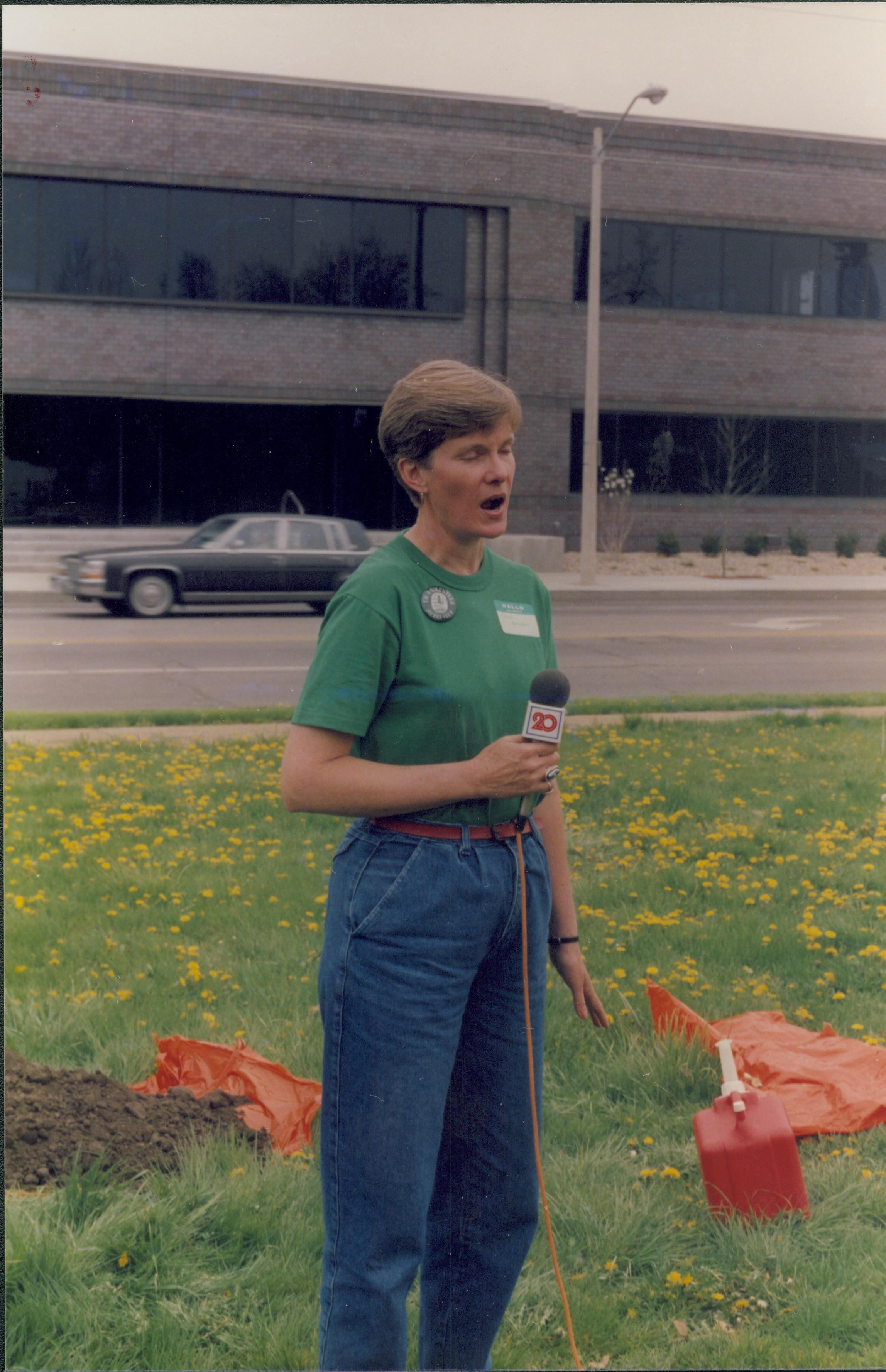 Lady speaking into microphone. Lincoln Home NHS- Earth Day 1989 Earth Day, tree, planting