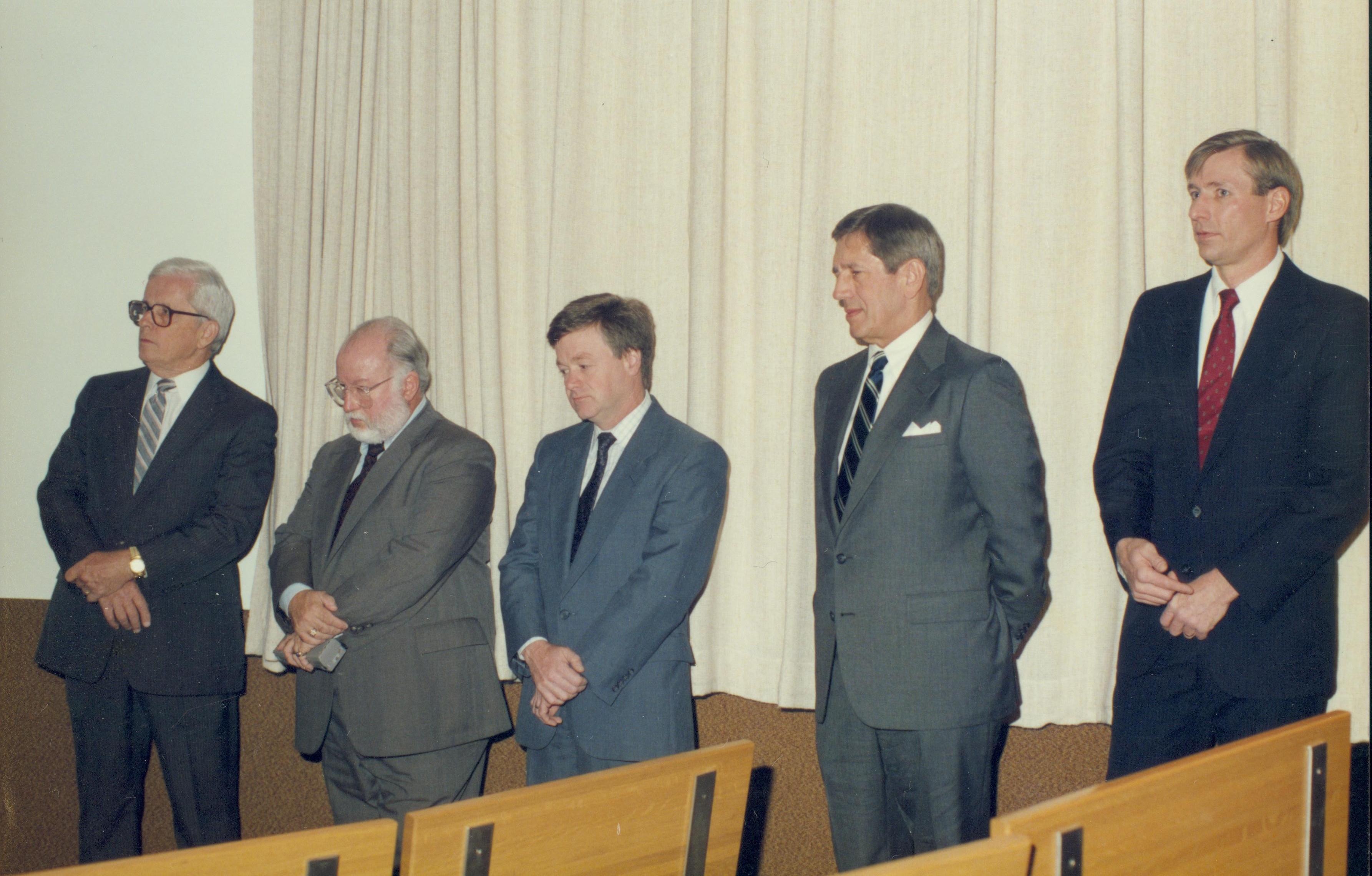 Five men standing in front of curtain. Lincoln Home NHS- Bring Furniture Back Home ceremony, presentation