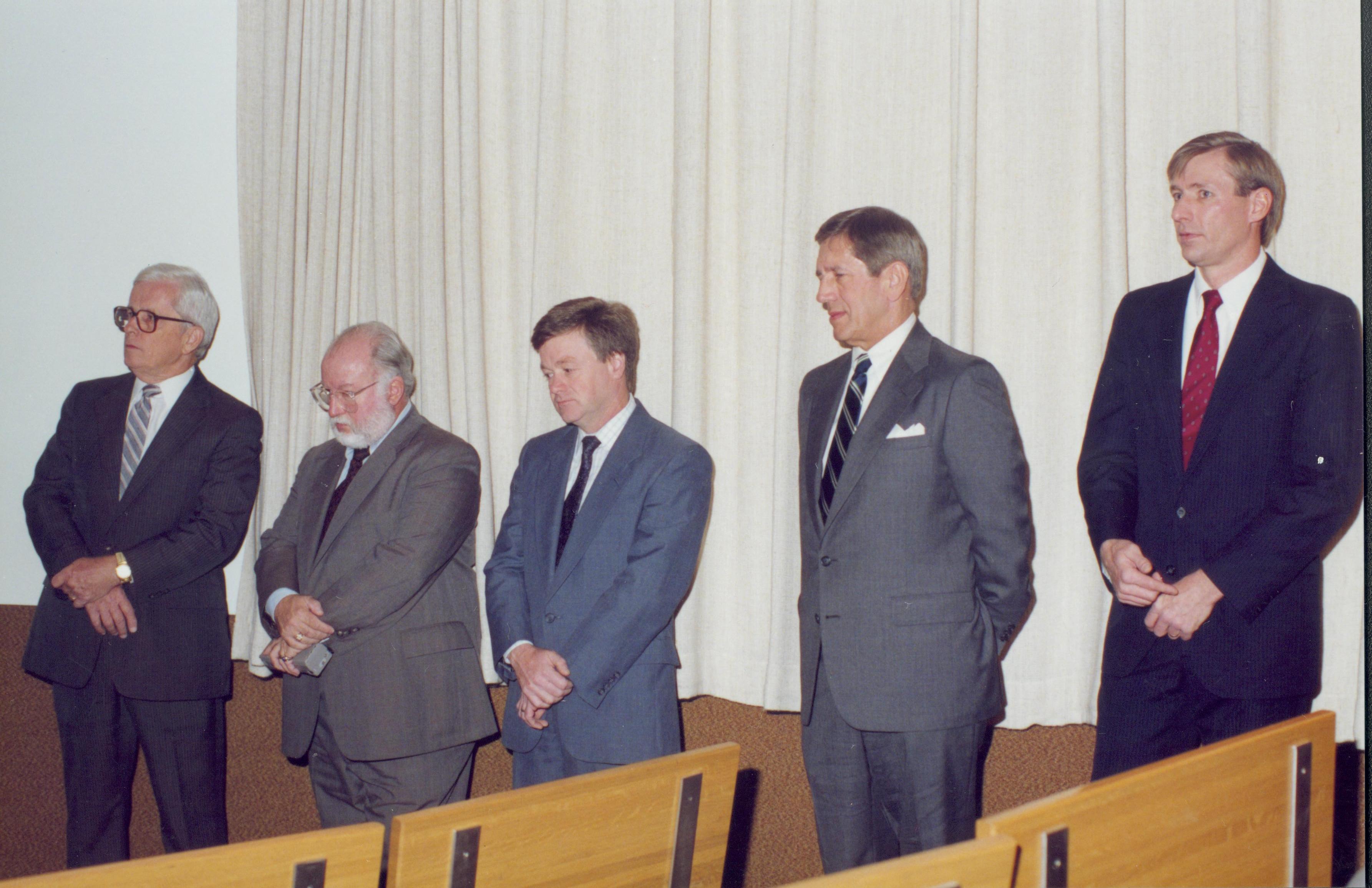 Five men standing in front of curtain. Lincoln Home NHS- Bring Furniture Back Home ceremony, presentation