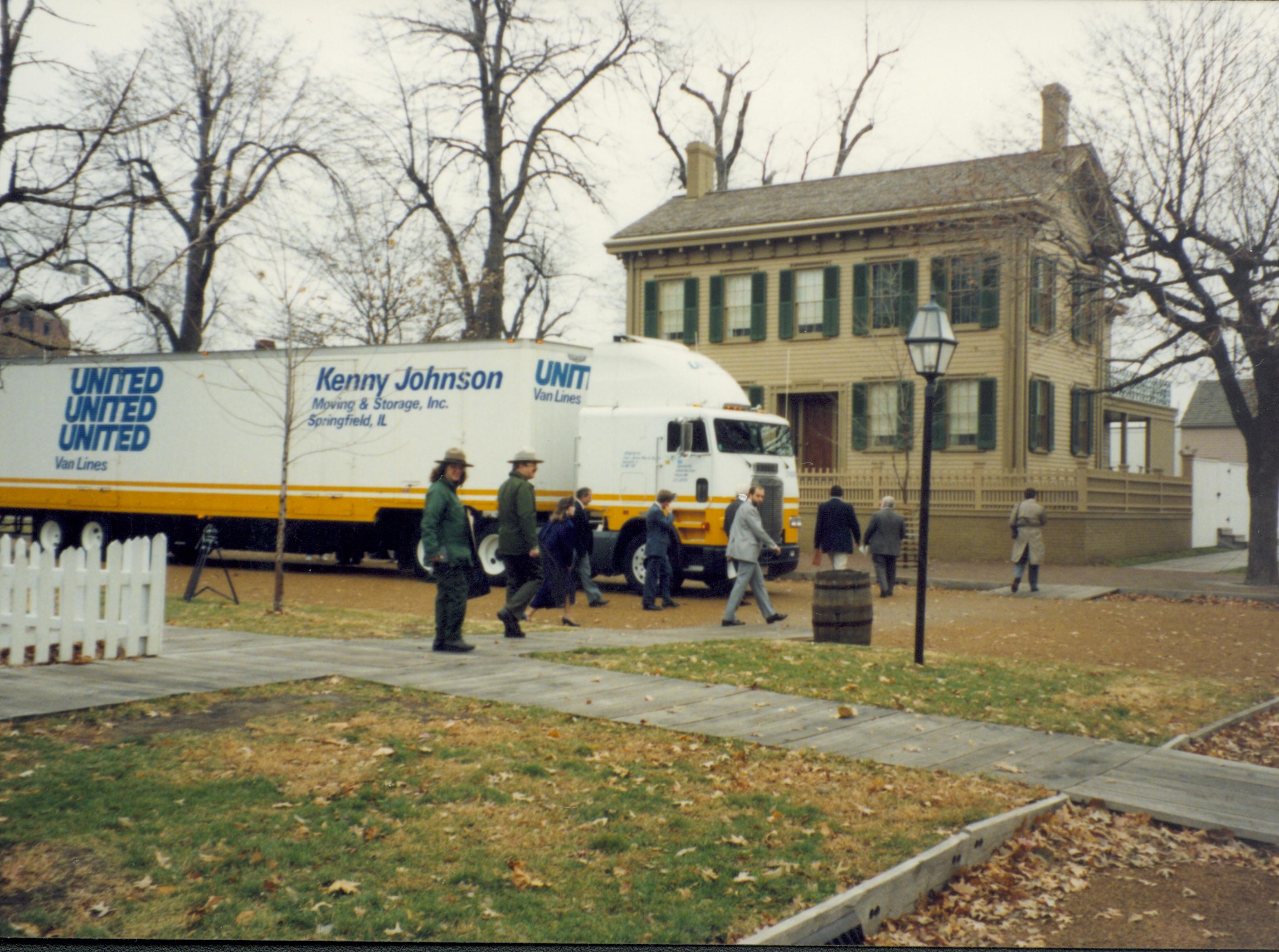 Moving truck in front of Lincoln Home. Lincoln Home NHS- Bring Furniture Back Home, 313194 furniture, truck