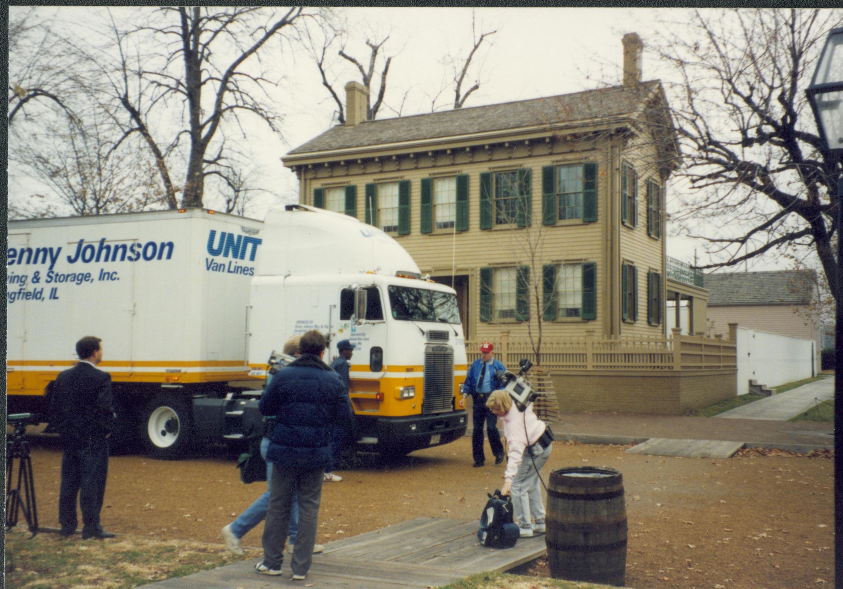 Moving truck in front of Lincoln Home. Lincoln Home NHS- Bring Furniture Back Home, 313194 furniture, press
