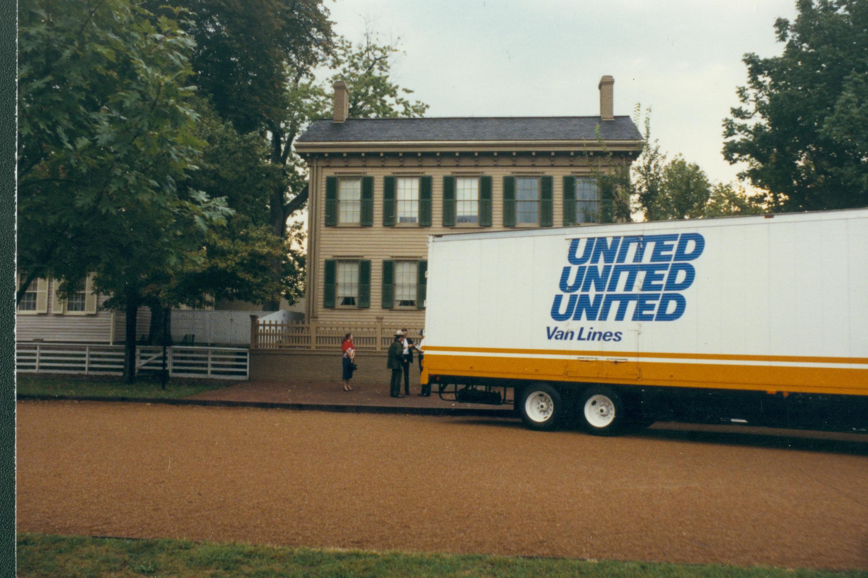 Moving truck in front of Lincoln Home. Lincoln Home NHS- Bring Furniture Back Home, 367659 furniture, movers, truck