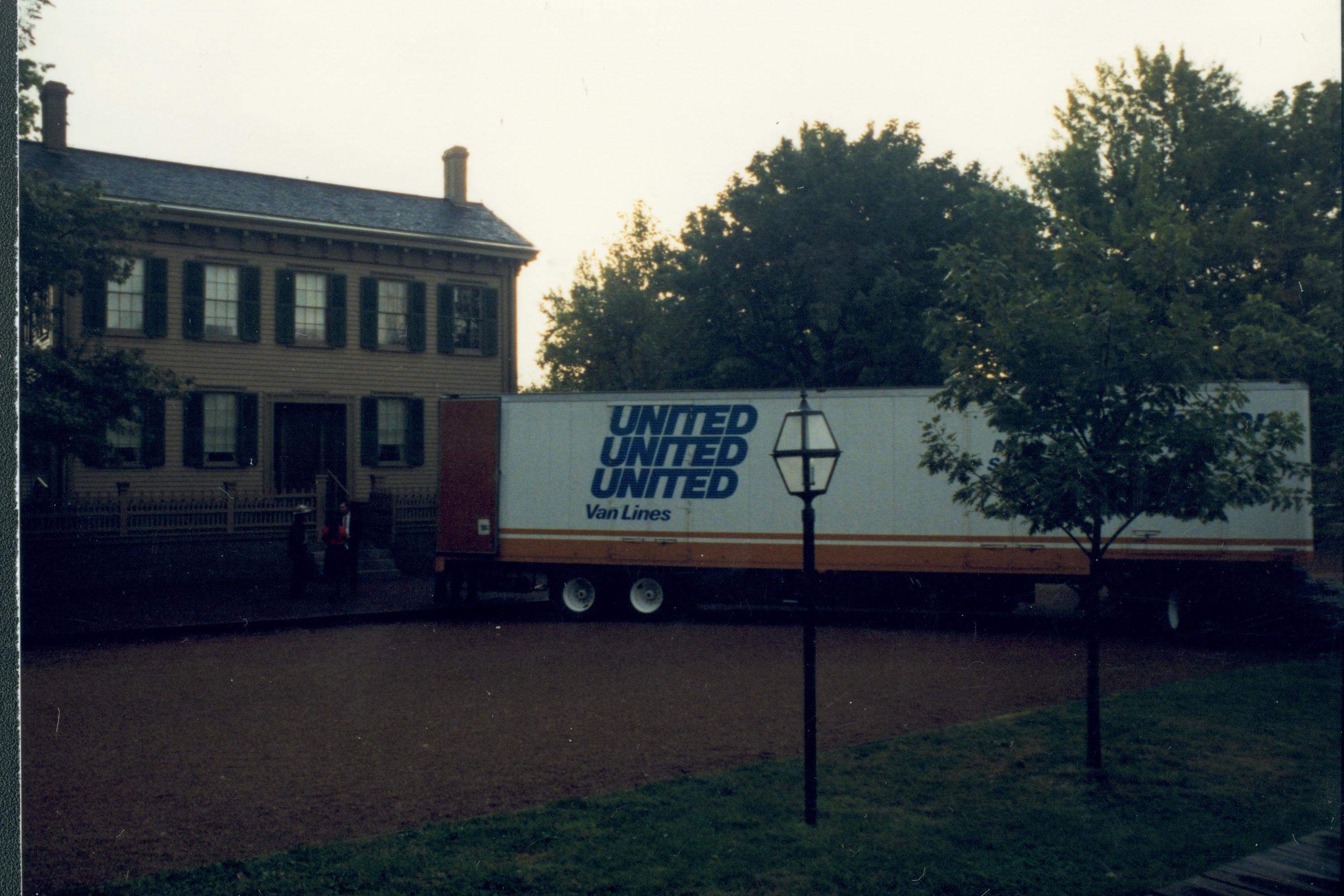 Moving truck in front of Lincoln Home. Lincoln Home NHS- Bring Furniture Back Home, 367659 furniture, movers, truck