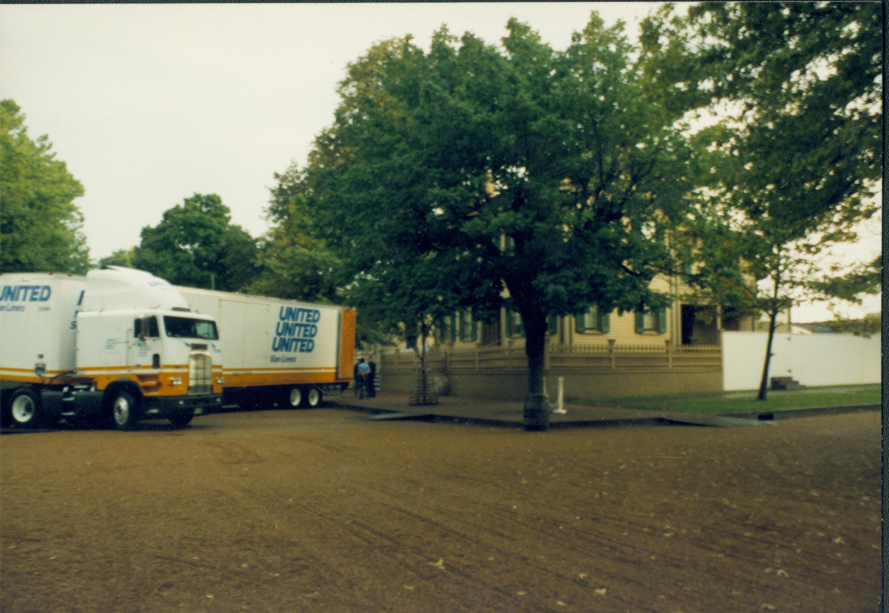 Moving truck in front of Lincoln Home. Lincoln Home NHS- Bring Furniture Back Home, 367659 furniture, movers, truck