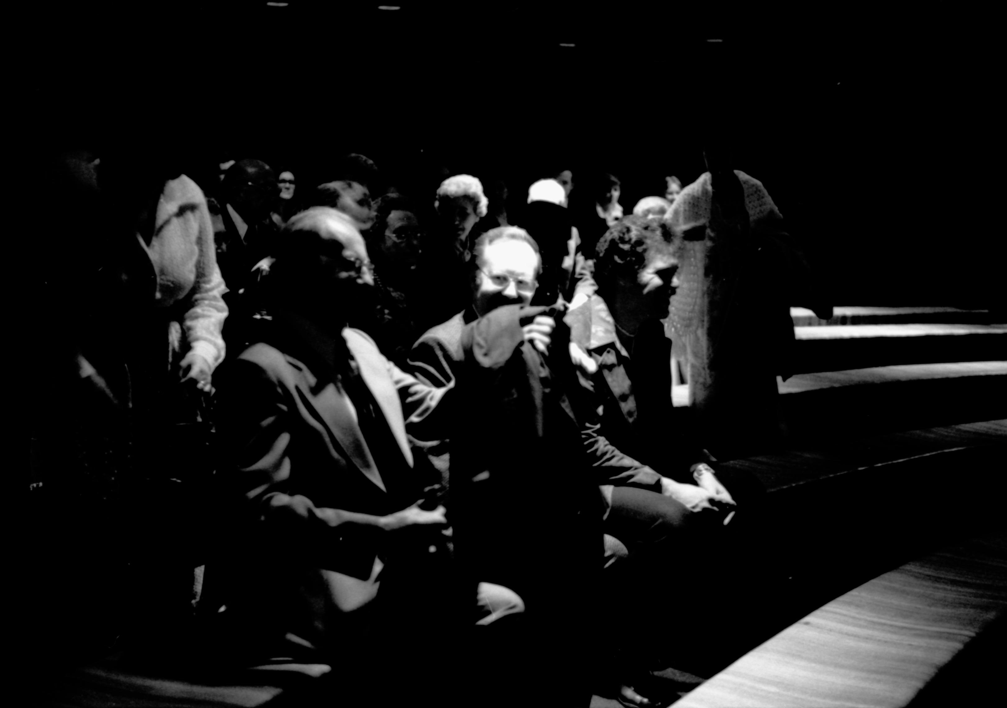 Visitors sitting on benches in theater. Lincoln Home NHS- Paul Findley visit to LIHO Finley, visit, reception