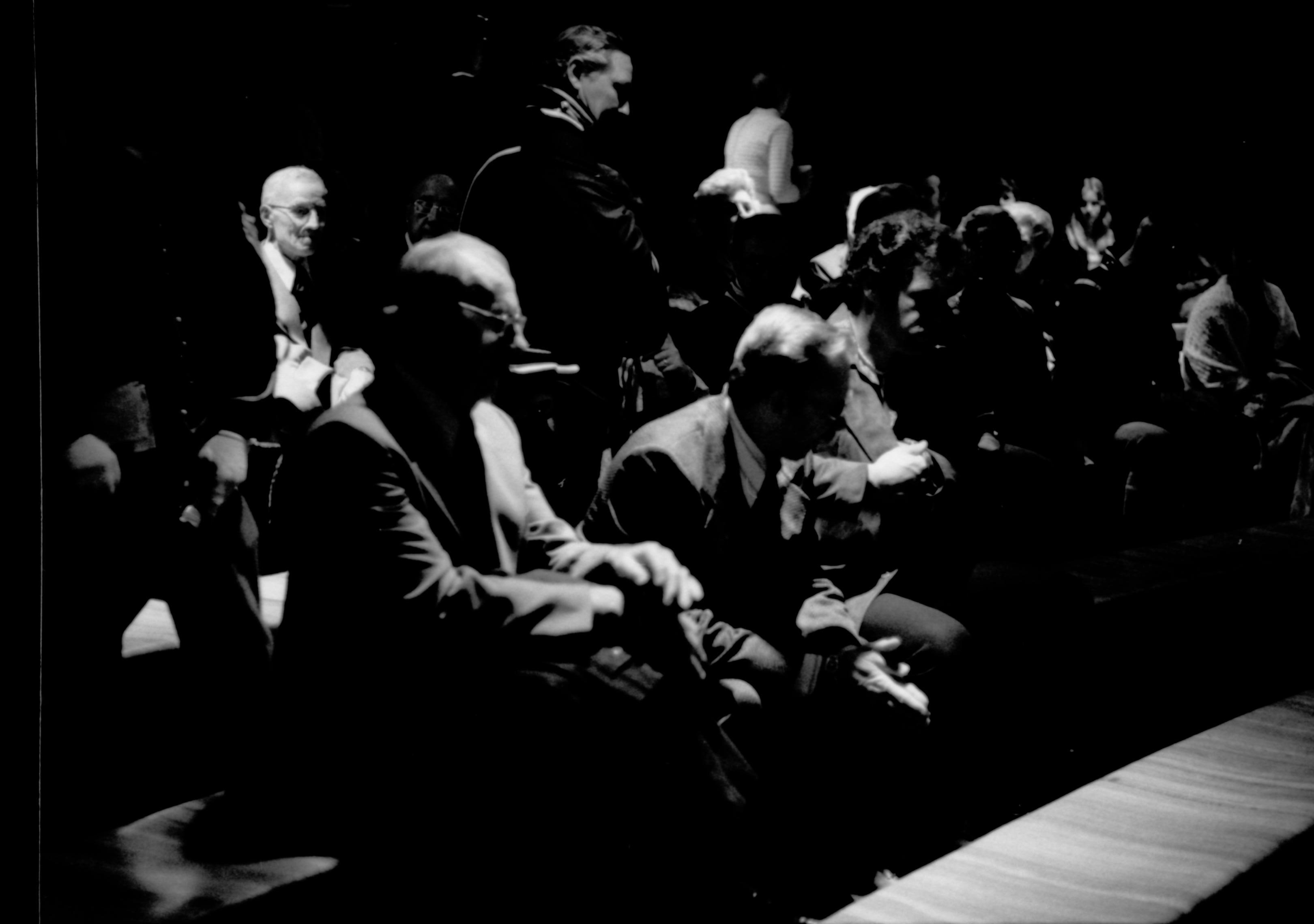 Visitors sitting on benches in theater. Lincoln Home NHS- Paul Findley visit to LIHO Finley, visit, banquet