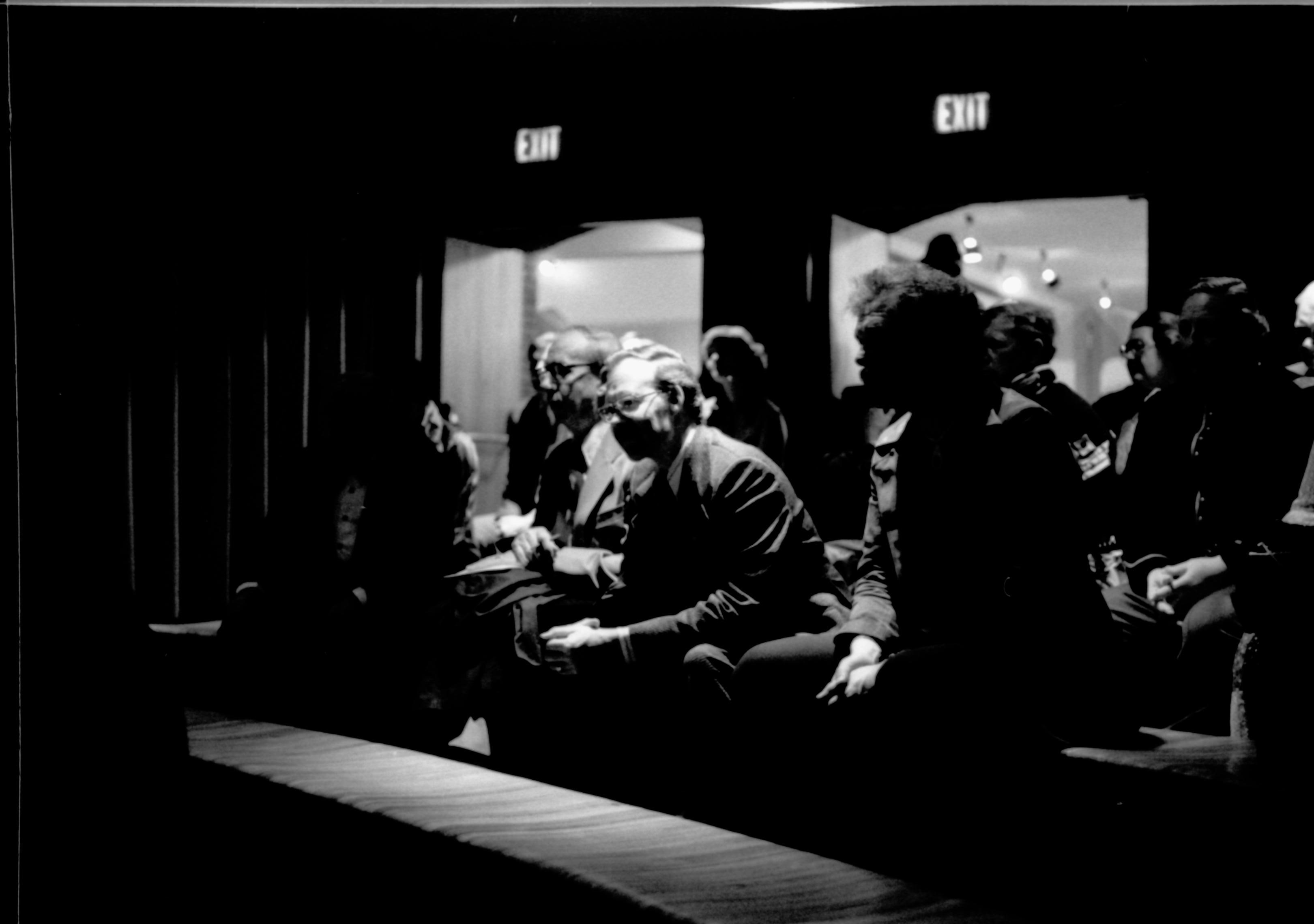 Visitors sitting on benches in theater. Lincoln Home NHS- Paul Findley visit to LIHO Finley, visit, banquet