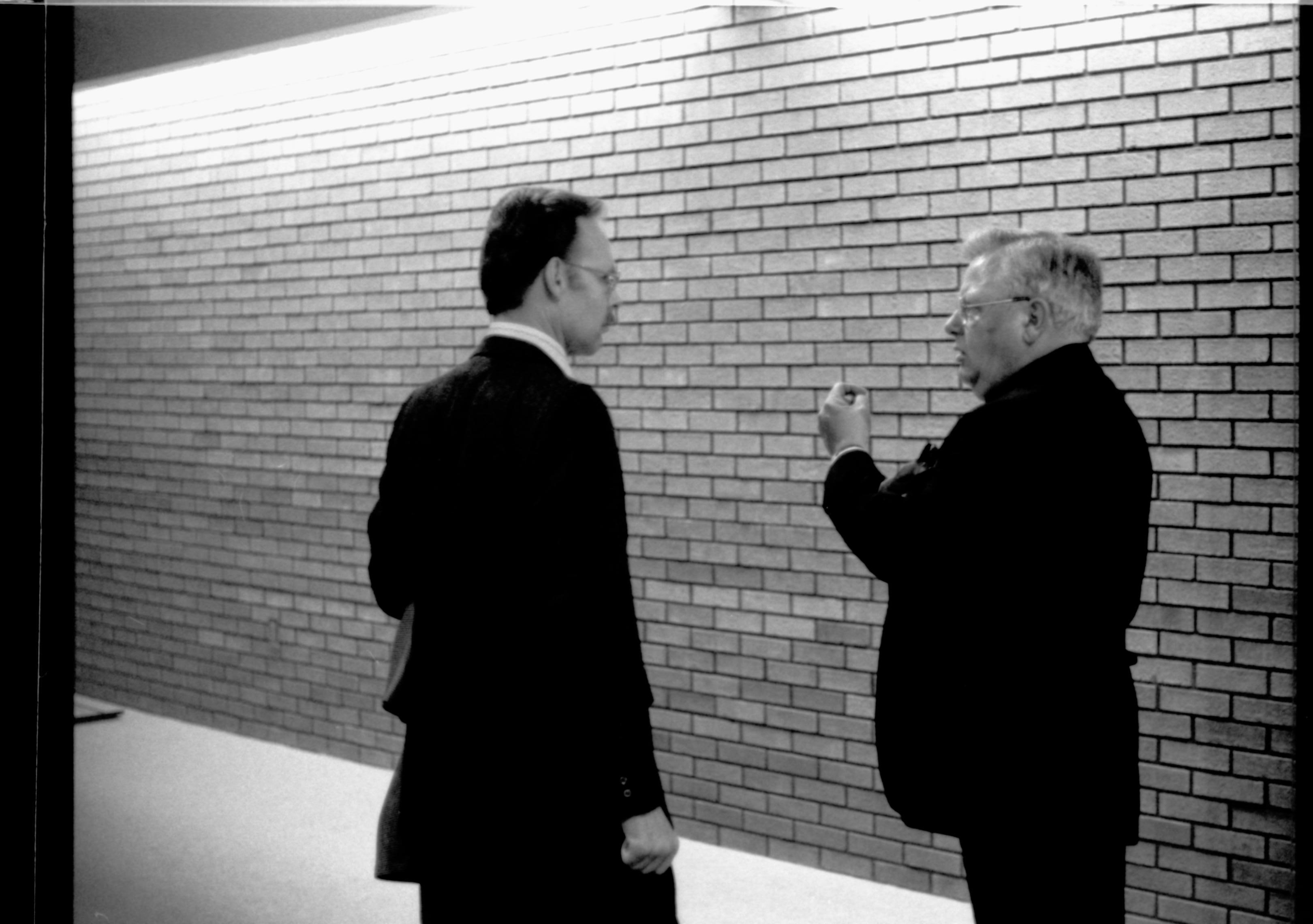 Two men conversing. Lincoln Home NHS- Paul Findley visit to LIHO Finley, visit, banquet, ceremony