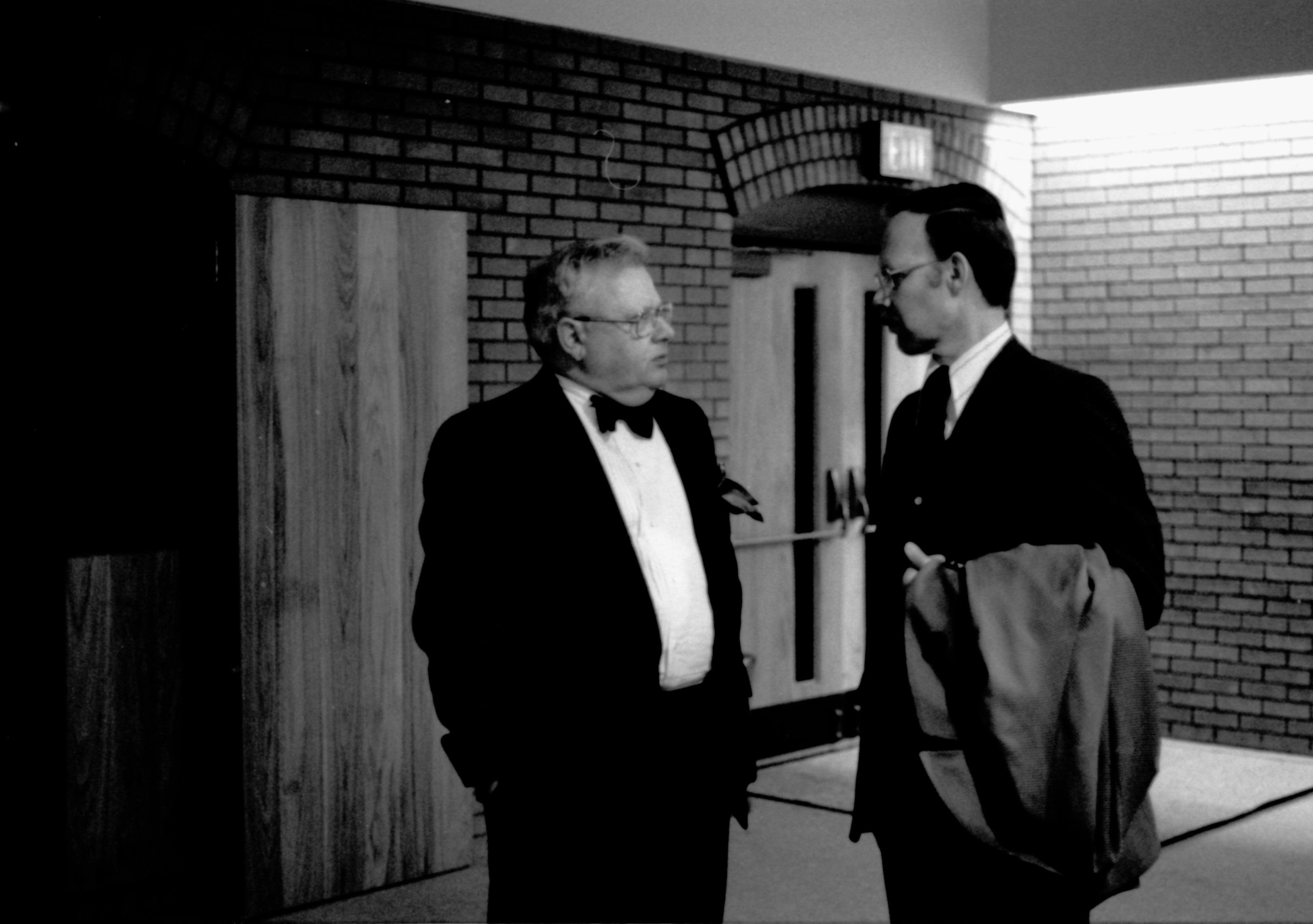 Two men conversing. Lincoln Home NHS- Paul Findley visit to LIHO Finley, visit, banquet, ceremony